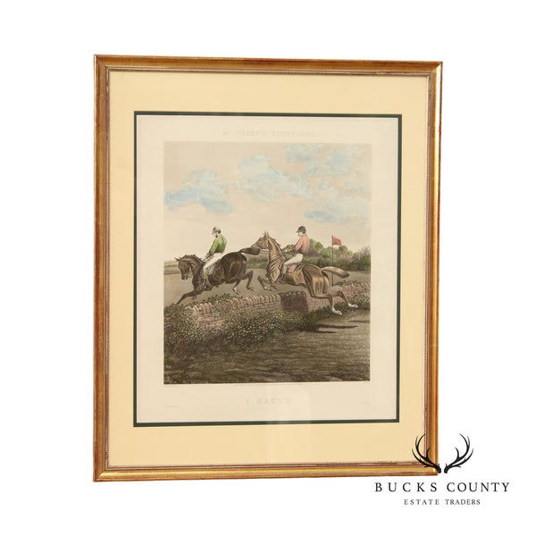 Charles Hunt Equestrian 'A Match' Colored Etching, Custom Framed