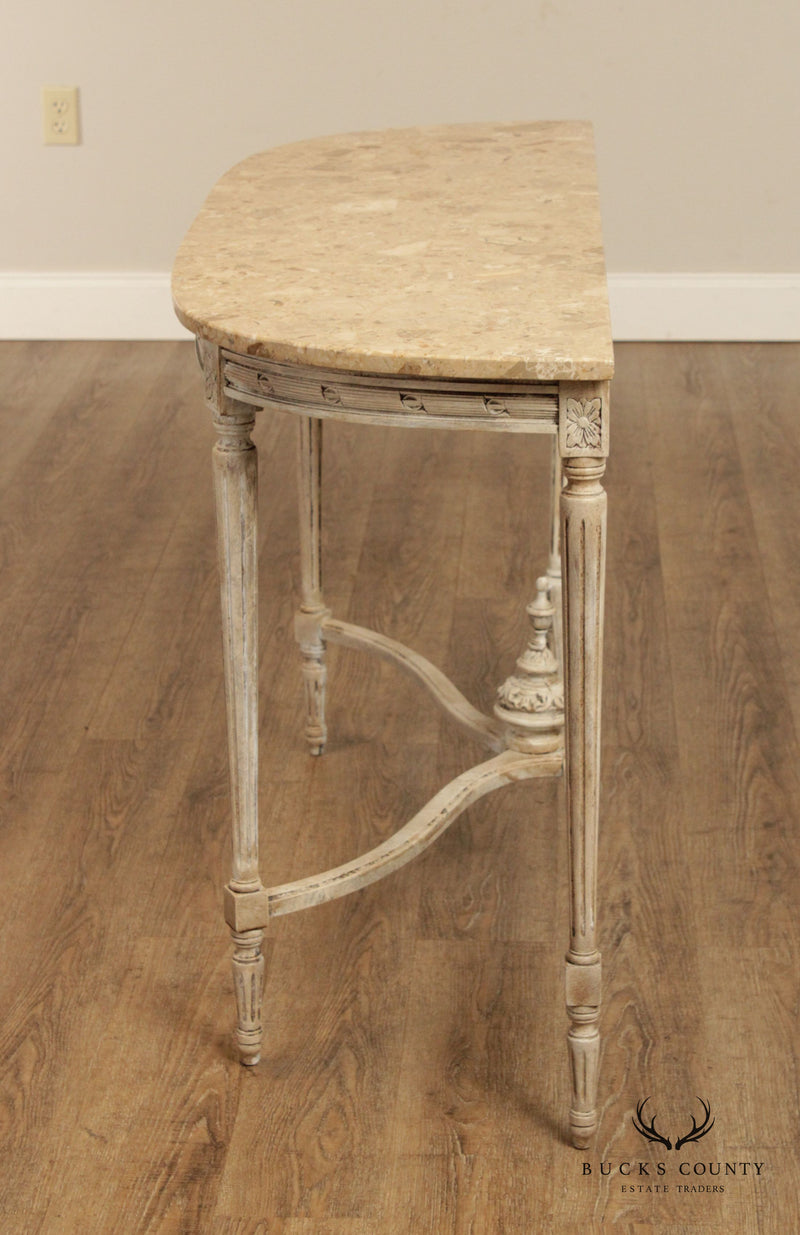 French Louis XVI Style Distress Painted Marble Top Console