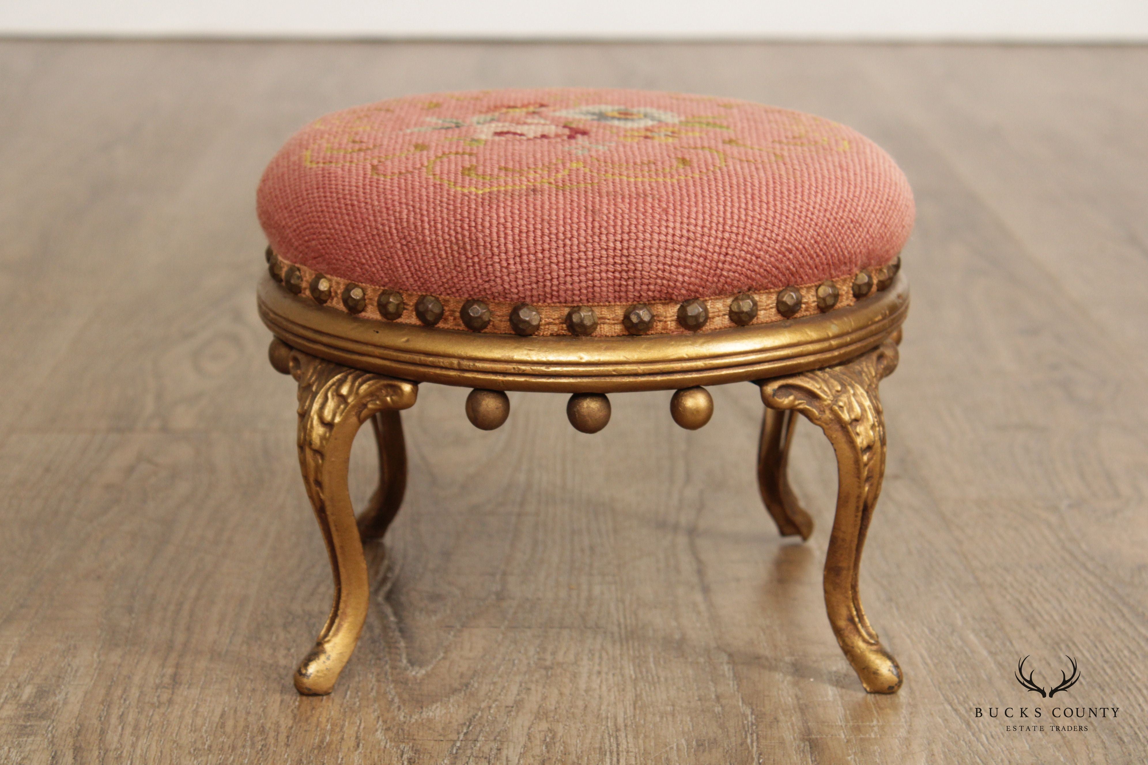 Victorian Style Needlework Gilt Painted Small Round Foot Stool