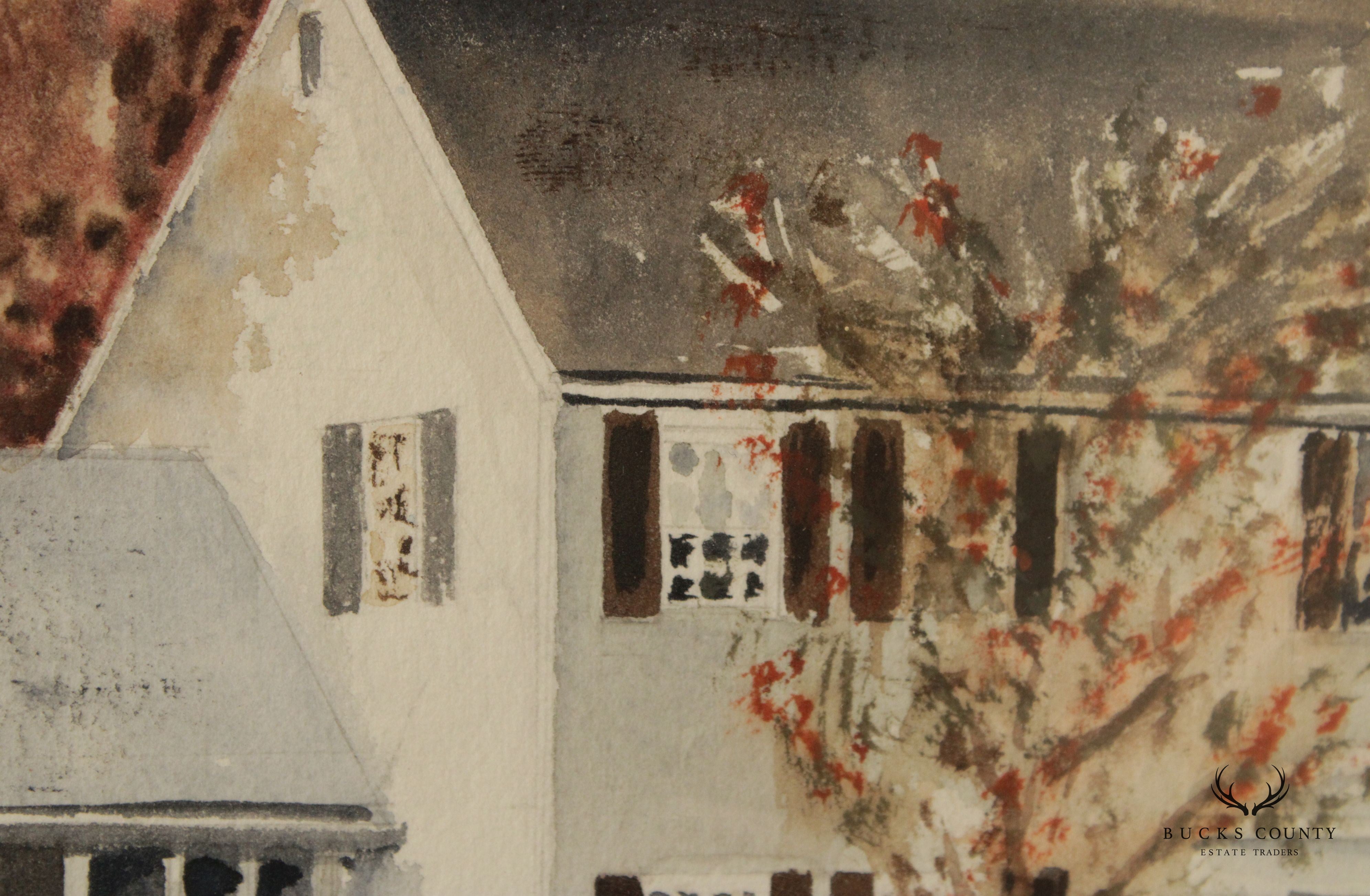 Vintage 20th C. New England House in Autumn Original Watercolor, Signed