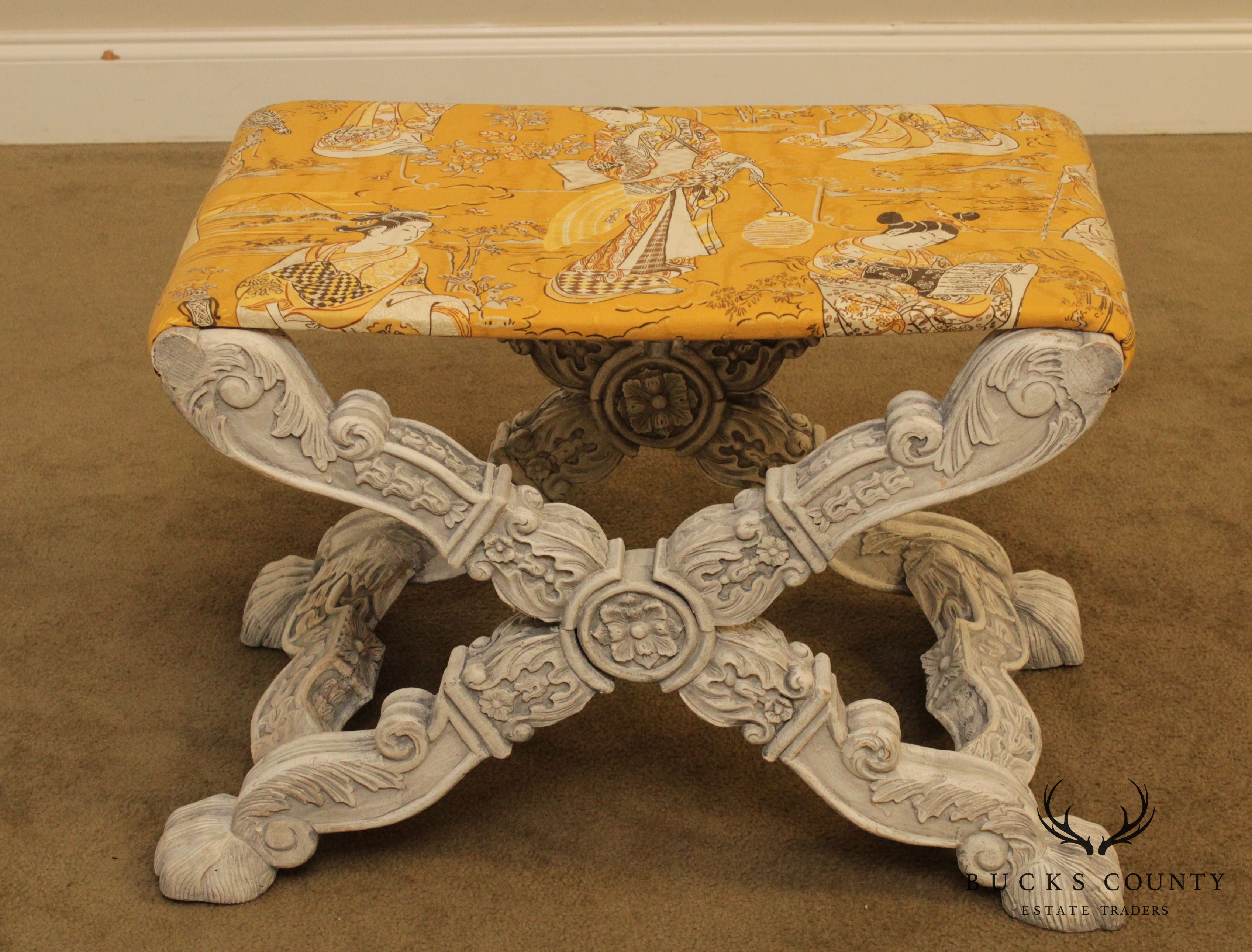 Italian Baroque Style Carved Pair X Base Benches or Stools