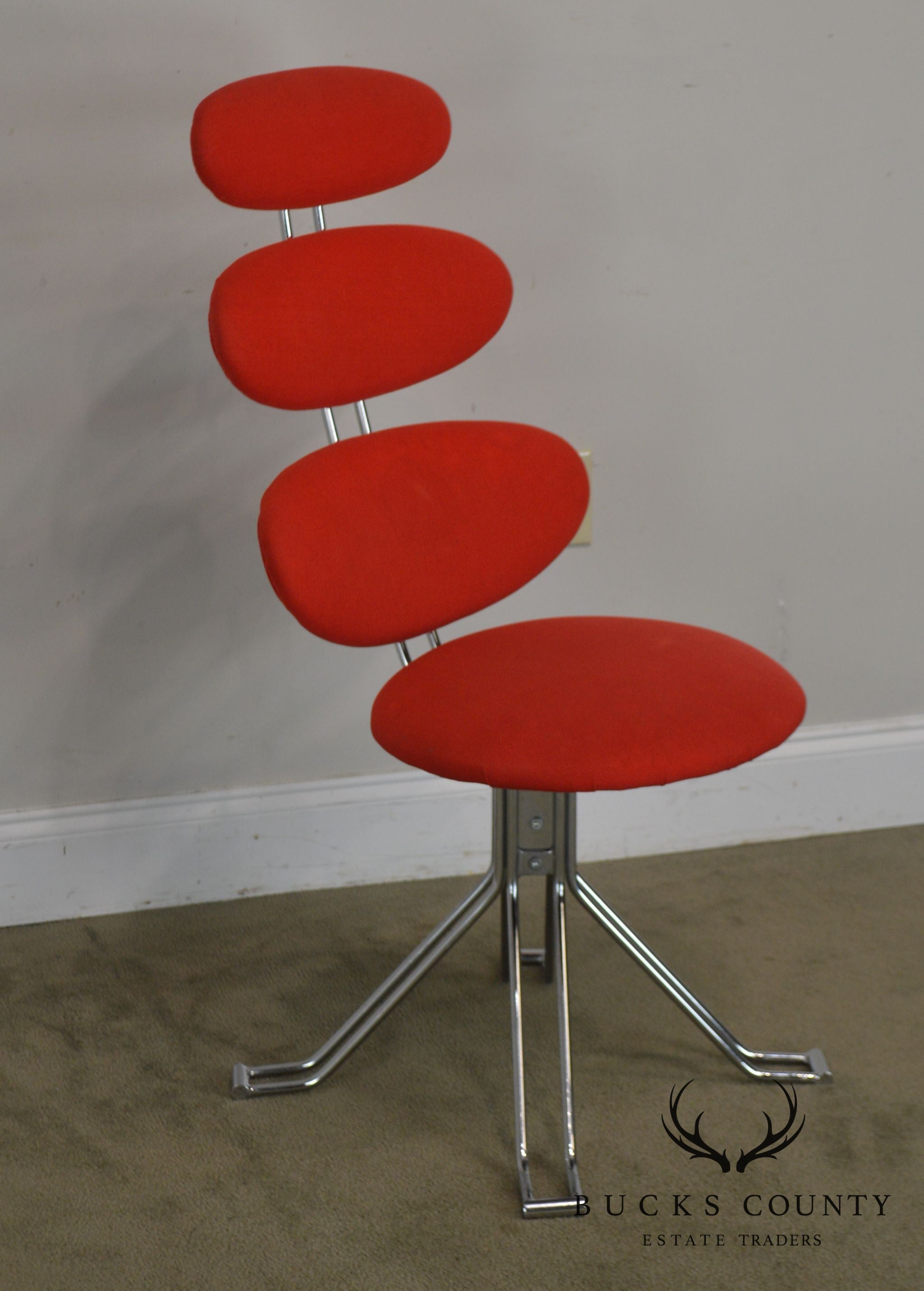 Mid Century Modern Corona Chair Chrome & Red Upholstery After Poul Volther