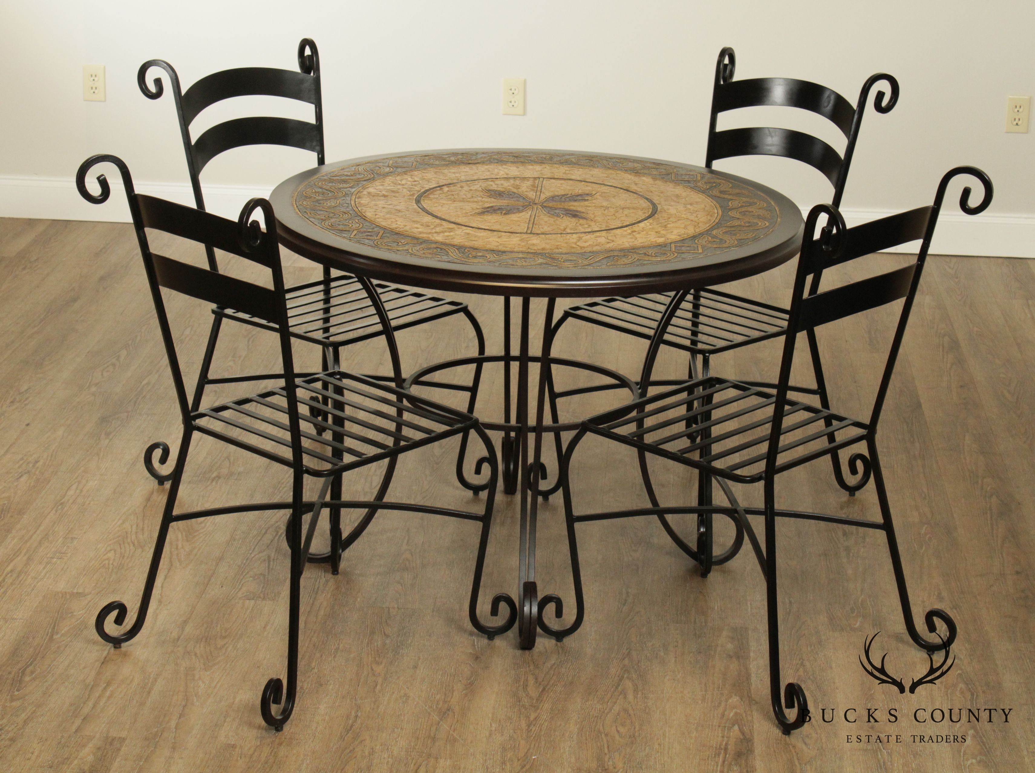 Quality Wrought Iron Five Piece Dining Bistro Set, Round Table & 4 Chairs