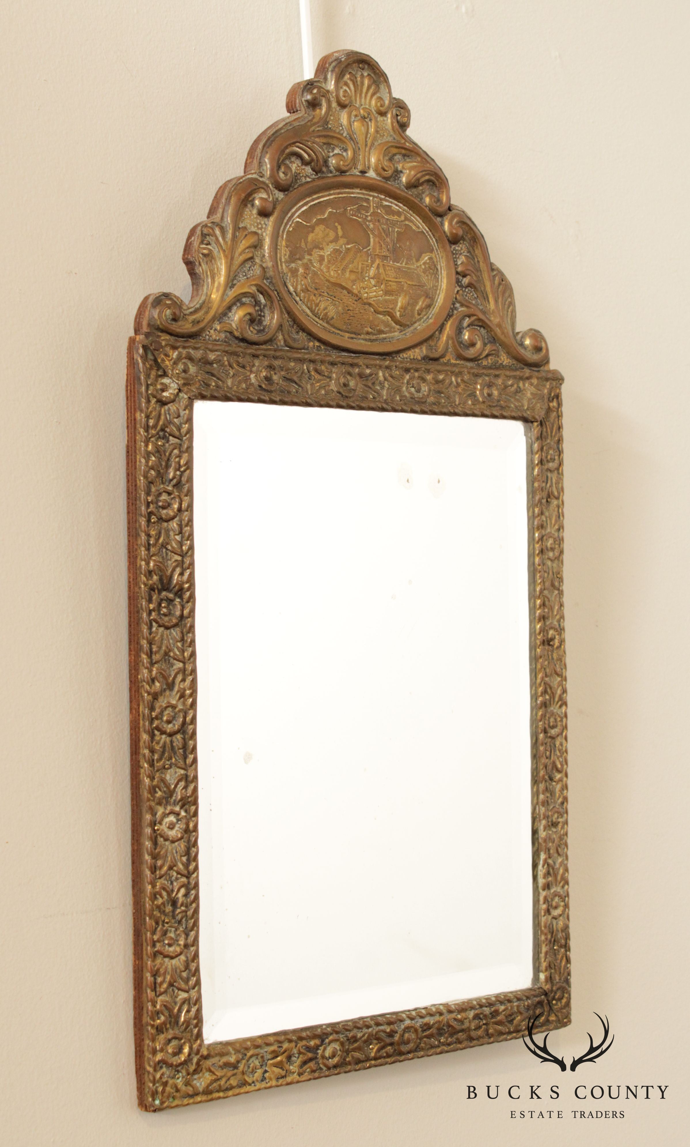 Antique French Repousse Brass Beveled Mirror