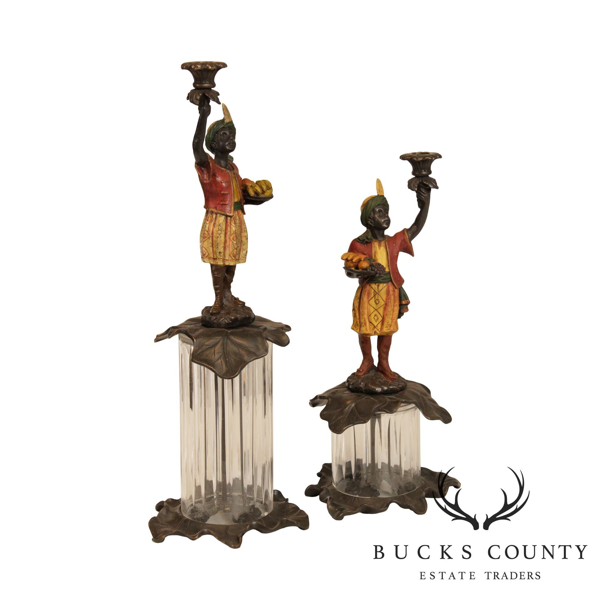 Quality Pair Painted Bronze Figural Candle Holders