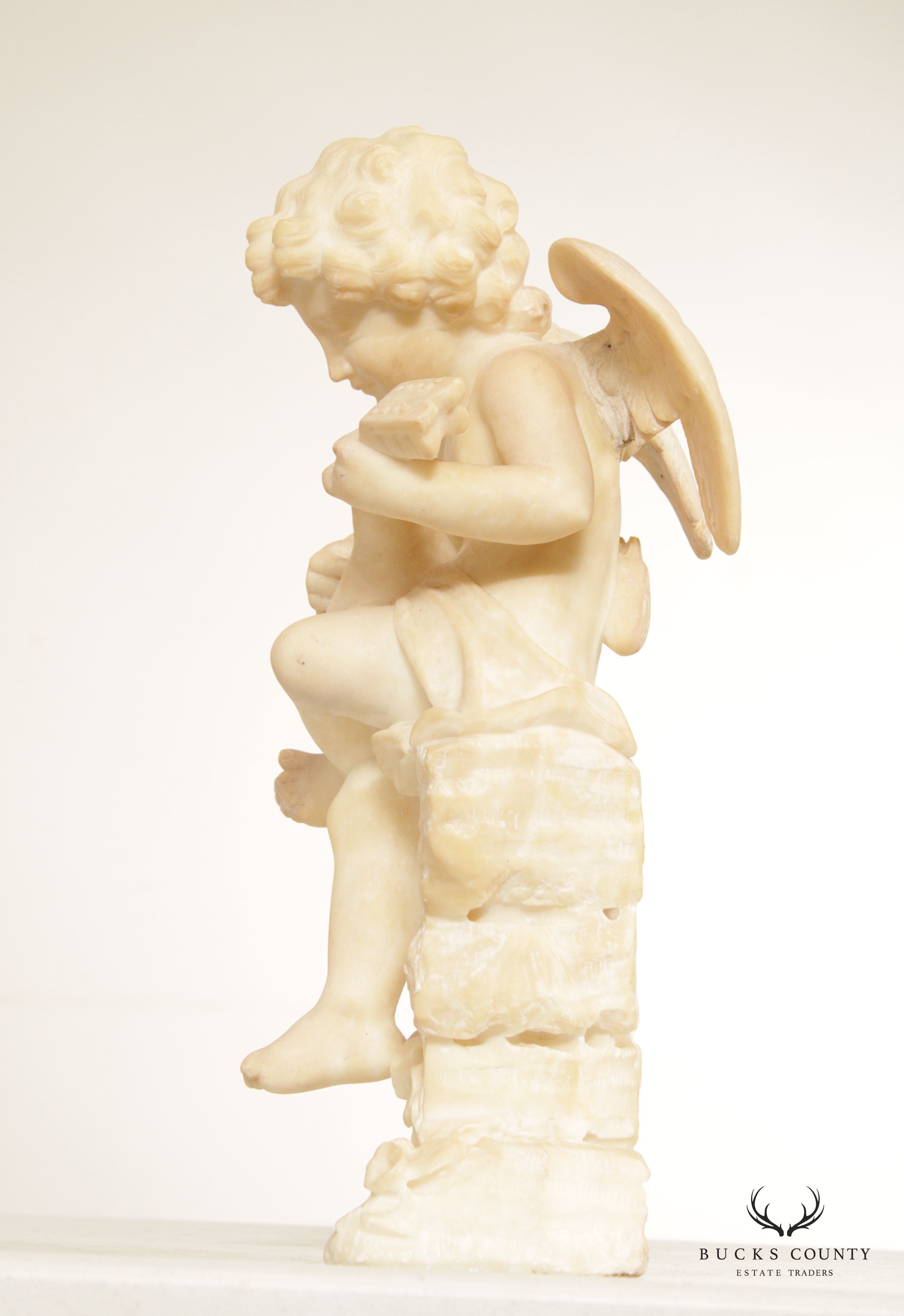 Antique Renaissance Revival Alabaster Carved Cherub Statue