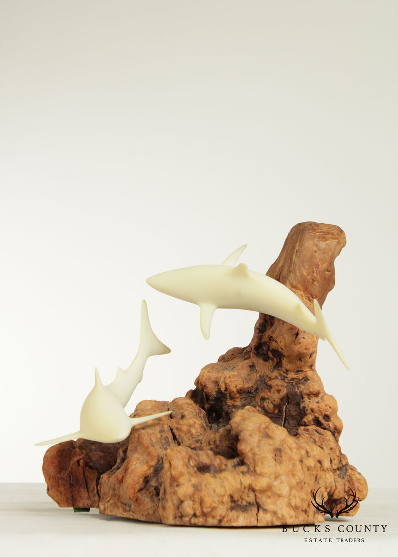 John Perry Carved Balanite Double Swimming Sharks Sculpture on Wood Base
