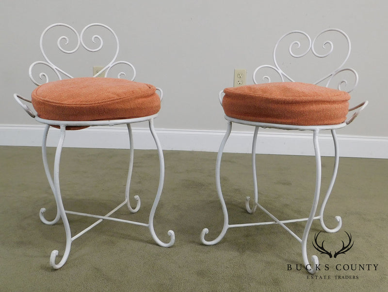 Wrought Iron Pair White Painted Small Garden Stools