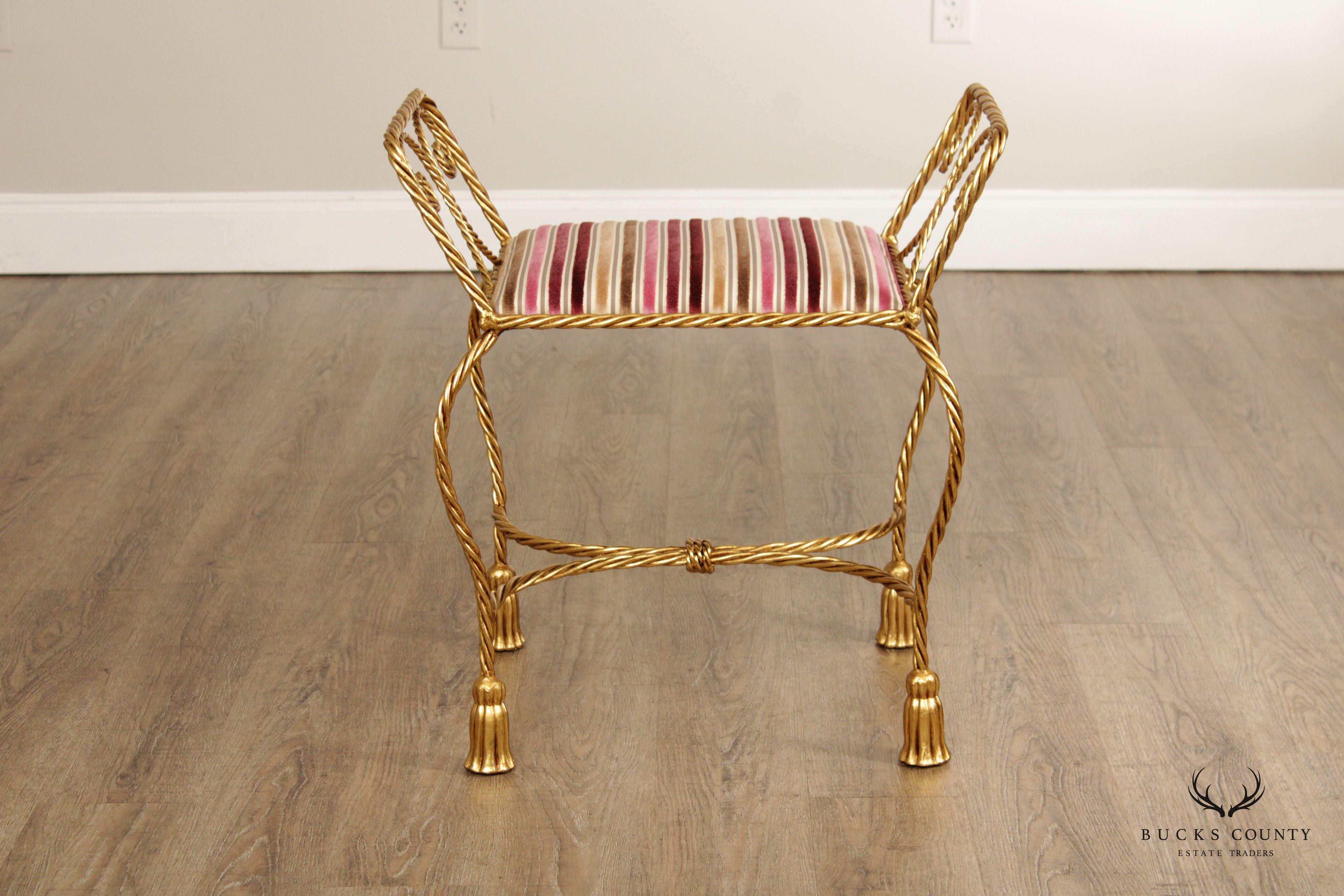 Italian Hollywood Regency Pair of Gilt Metal Rope Twist Benches