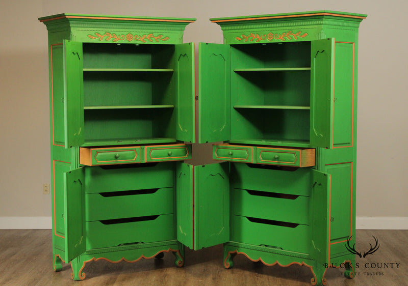 French Louis XV Style Custom Green Painted Pair Large Armoires