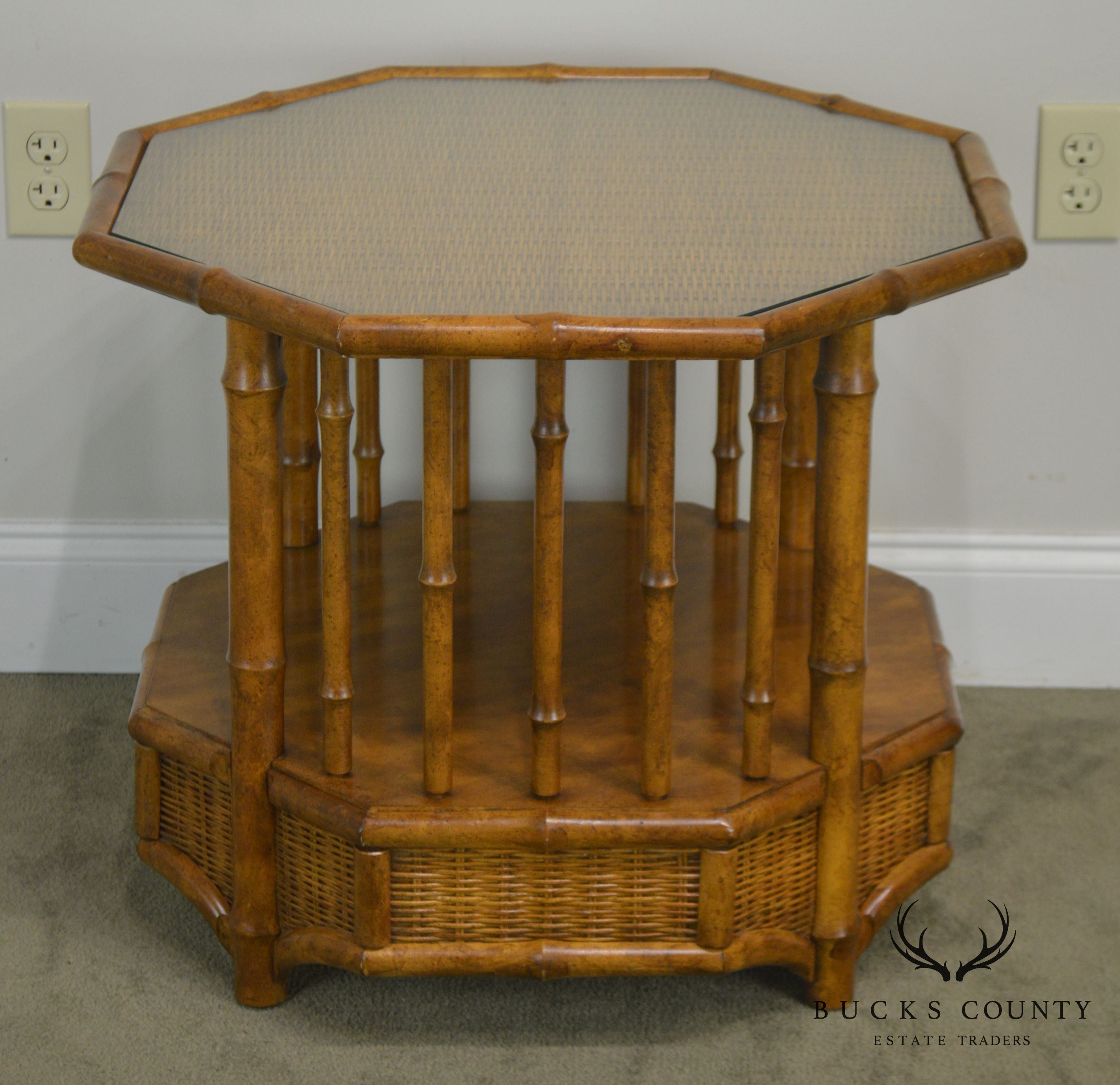 Faux Bamboo Octagon Wicker Top Side Table