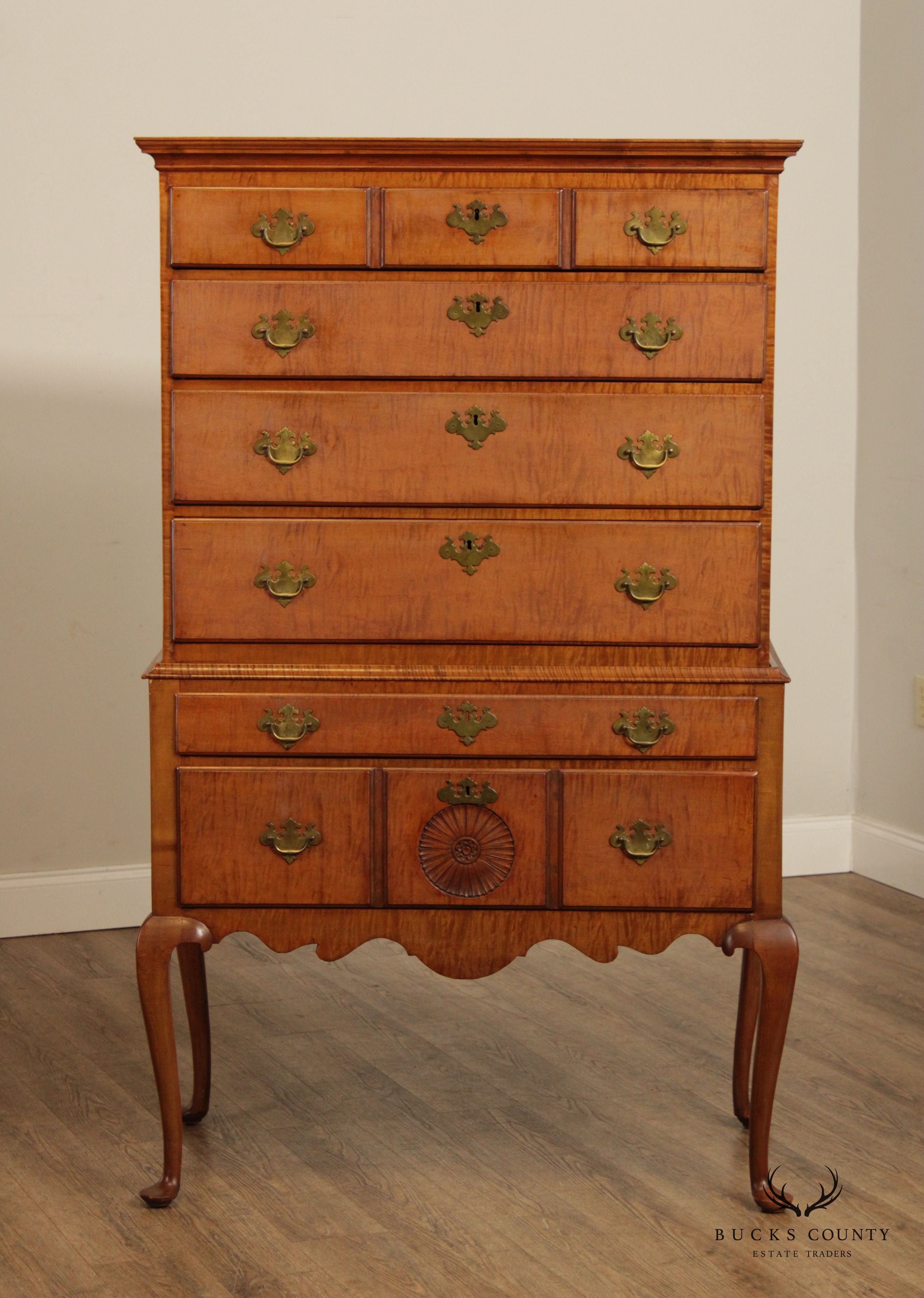 Antique New England Queen Anne Tiger Maple Highboy