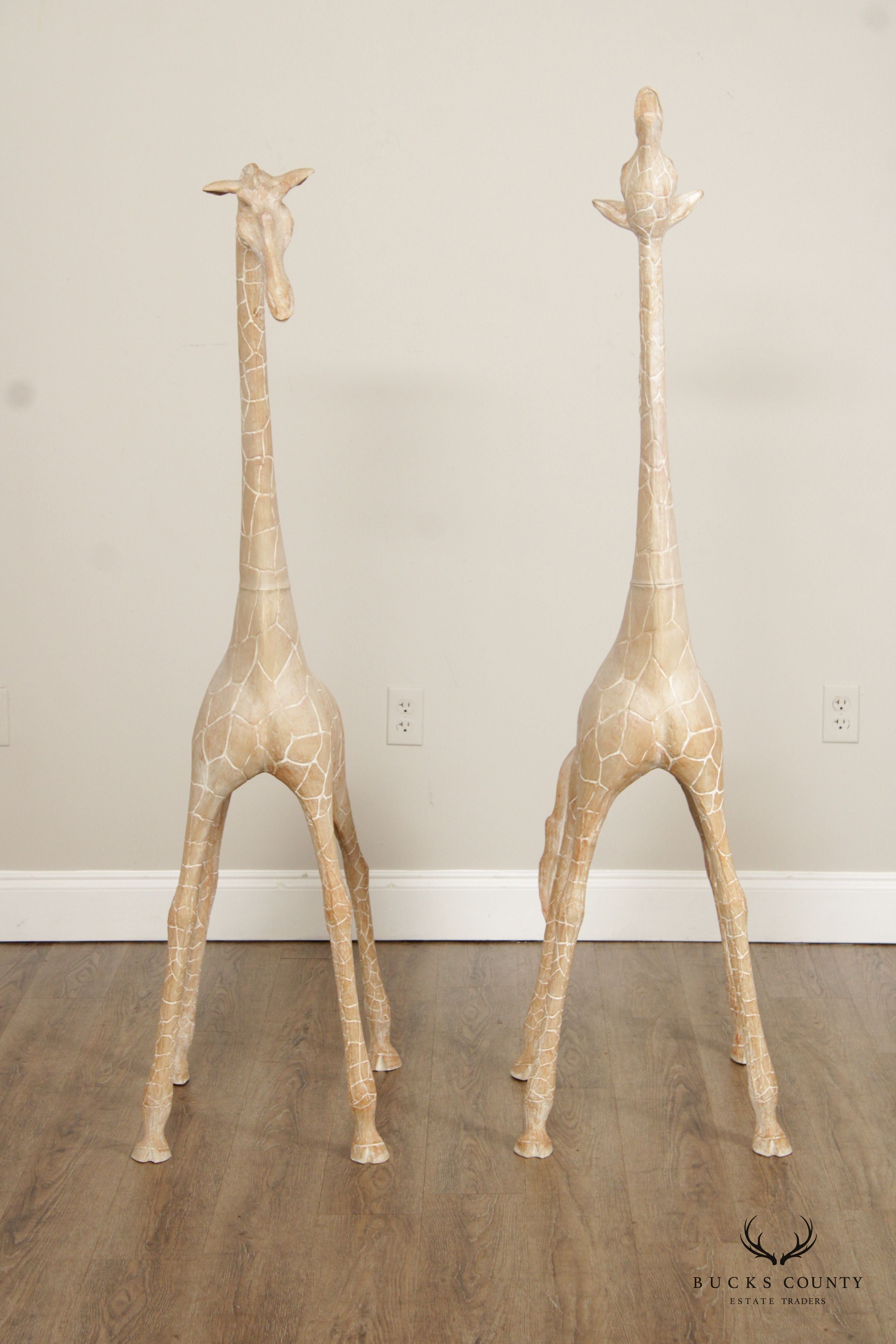 Pair of Tall Vintage Carved Wood Giraffe Sculptures