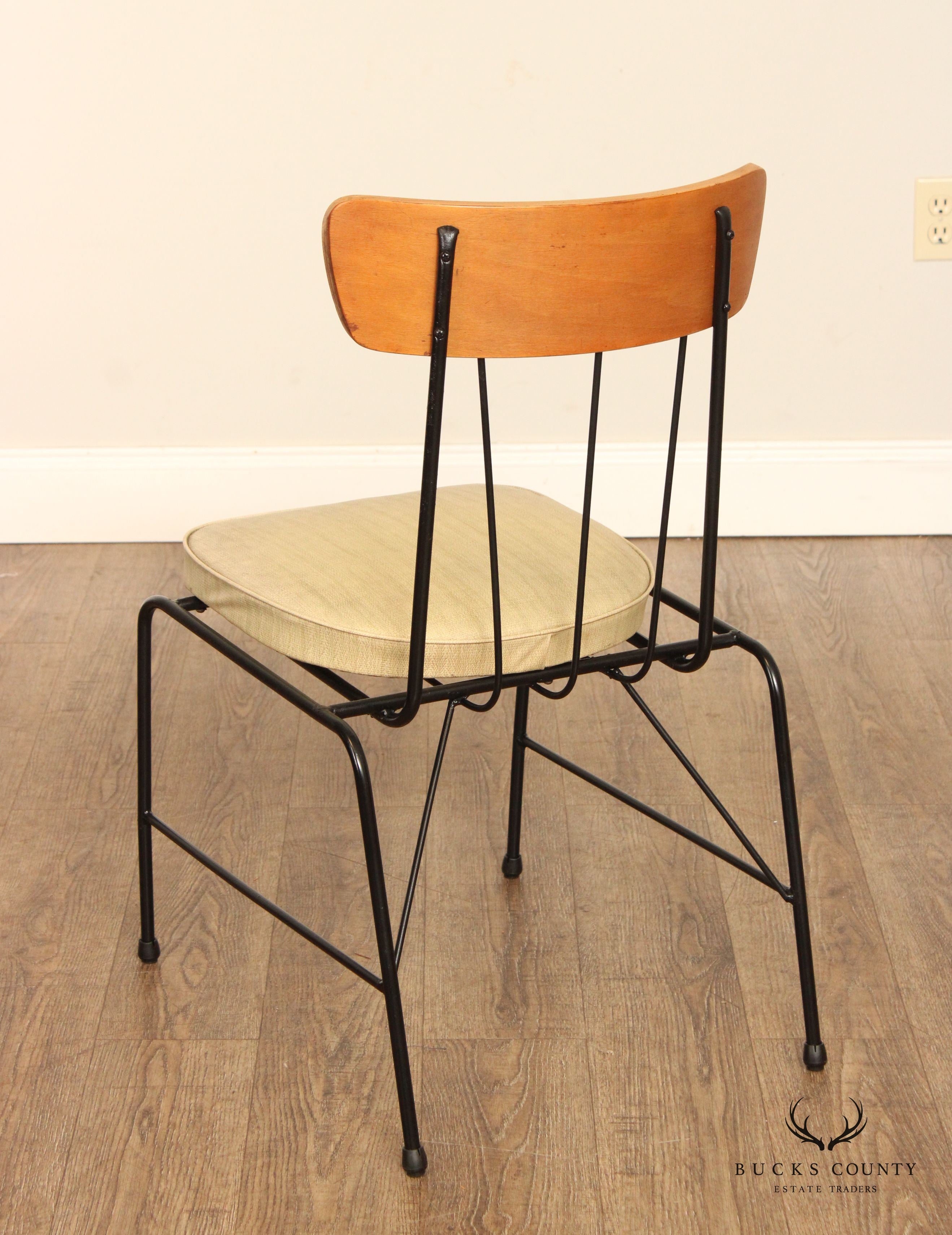 Mid Century Modern Pair Of Wrought Iron And Maple Side Chairs