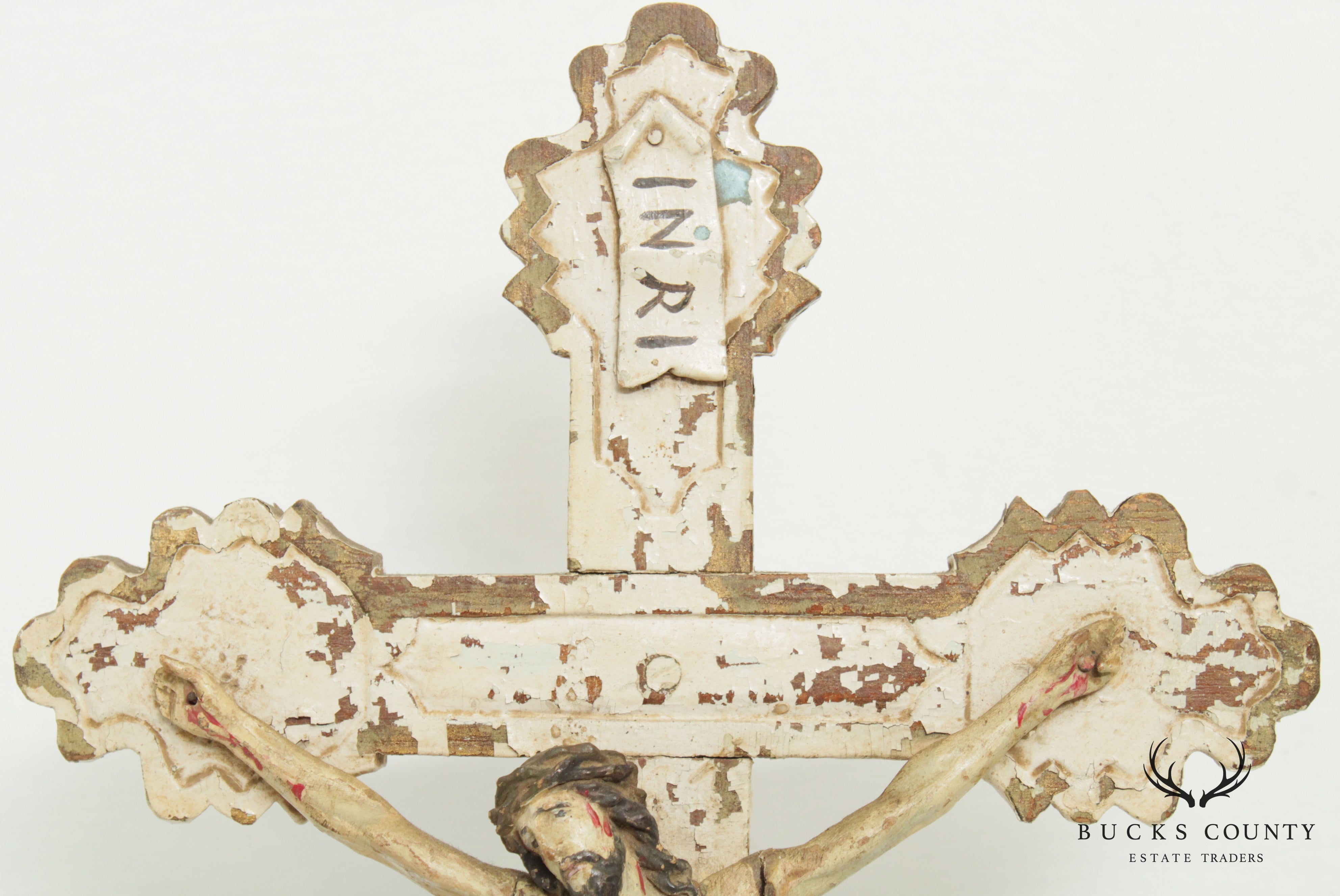 Antique 19th Century Hand Carved Polychrome, Painted Crucifix