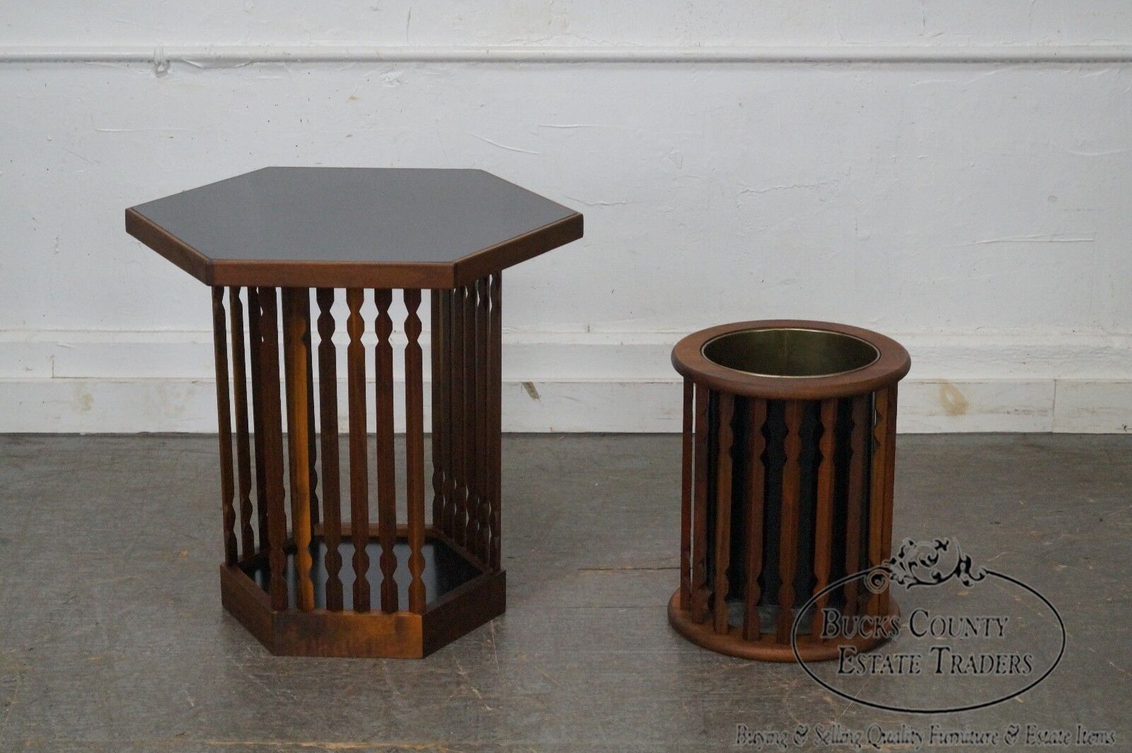 Mid Century Danish Modern Style Walnut Waste Basket and Side Table