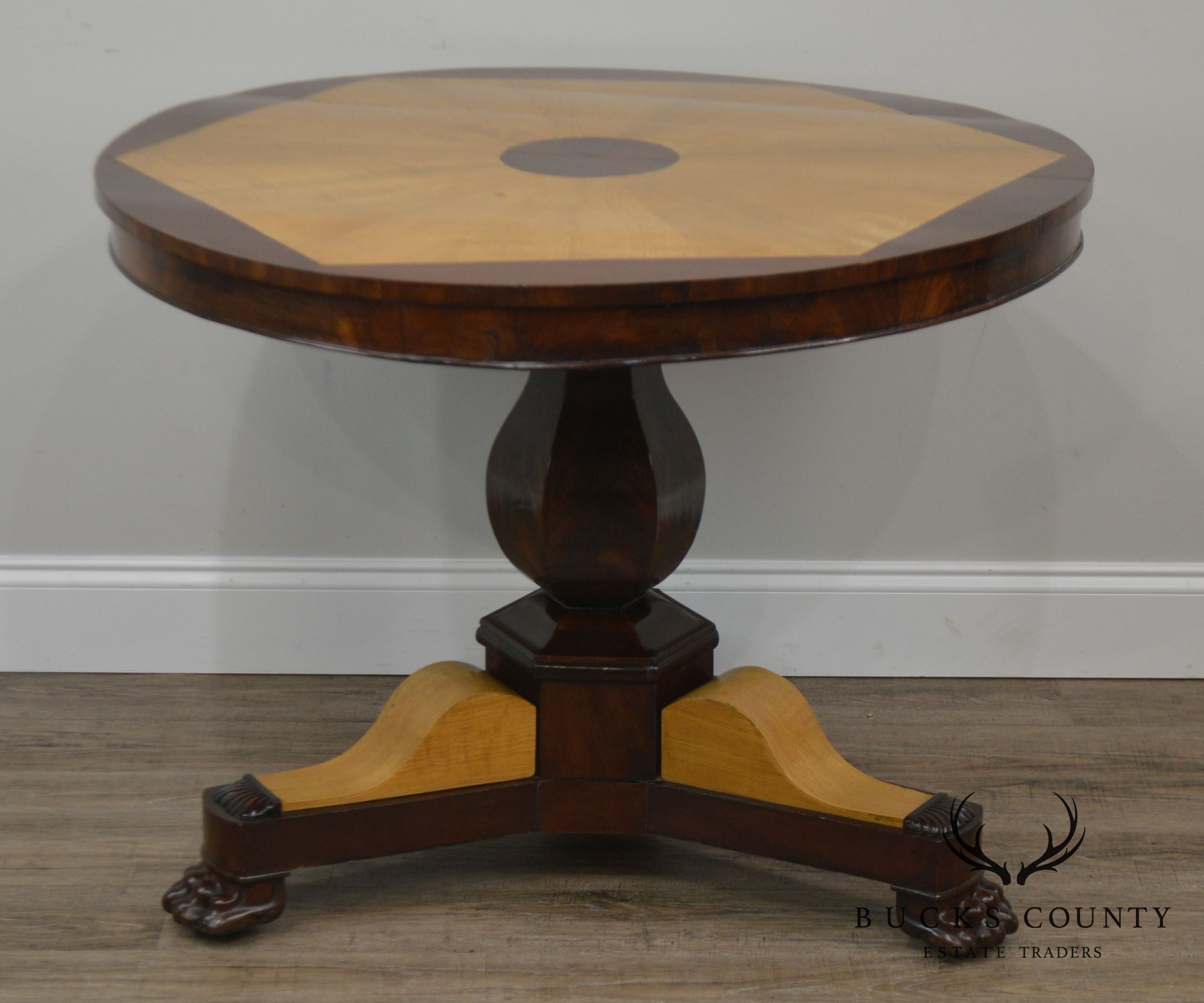 French Charles X Antique Mahogany & Elm Wood 2 Tone Round Center Table