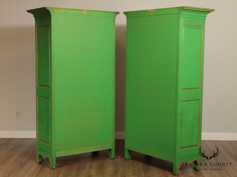 French Louis XV Style Custom Green Painted Pair Large Armoires
