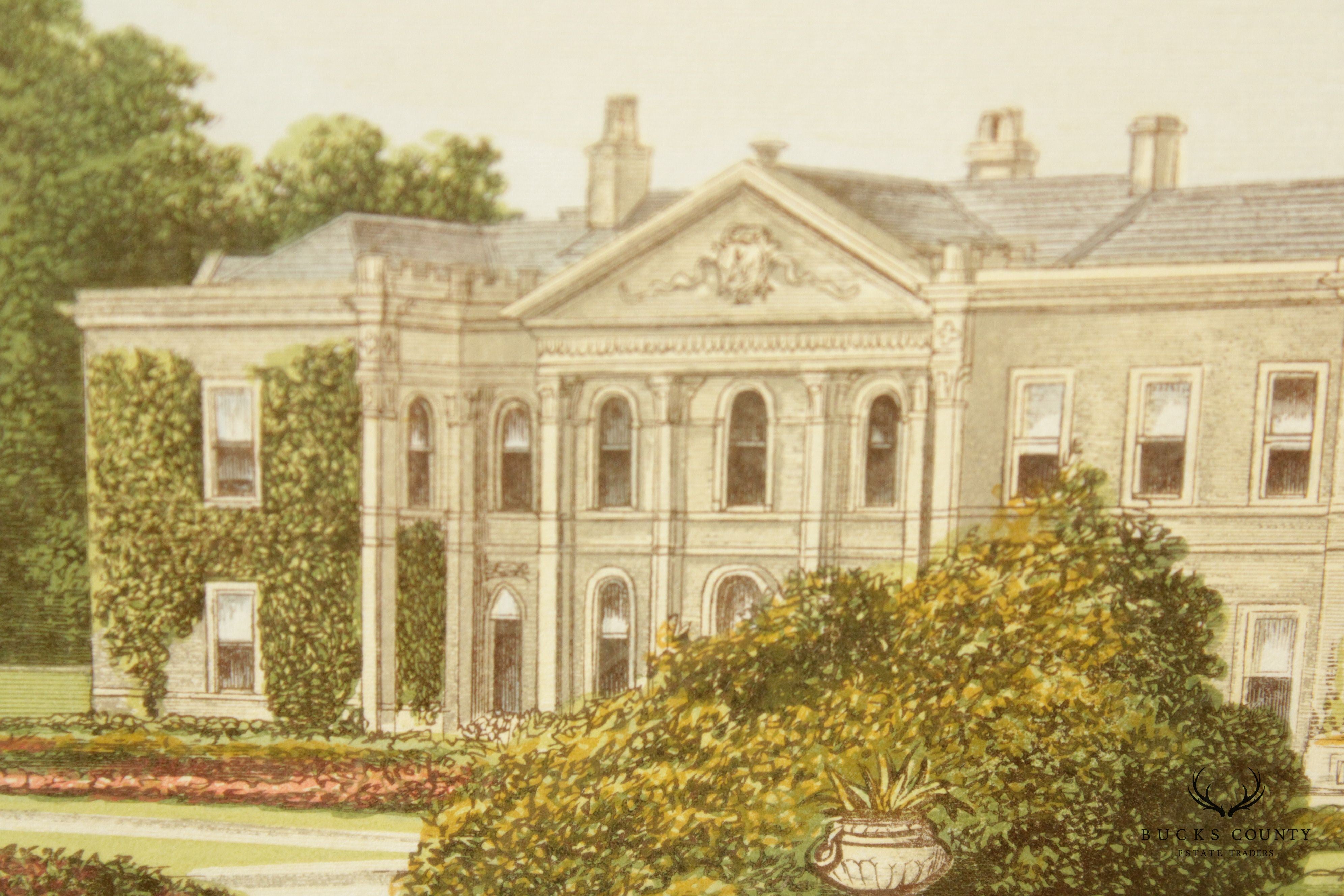 English Estate 'Studley Royal House' Illustration Print, Custom Framed