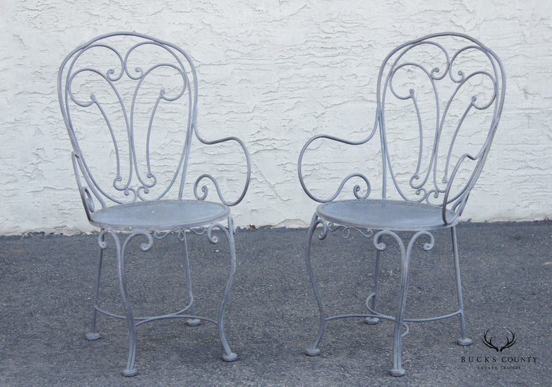 French Style Vintage Wrought Iron Scroll Pair of Garden Armchairs