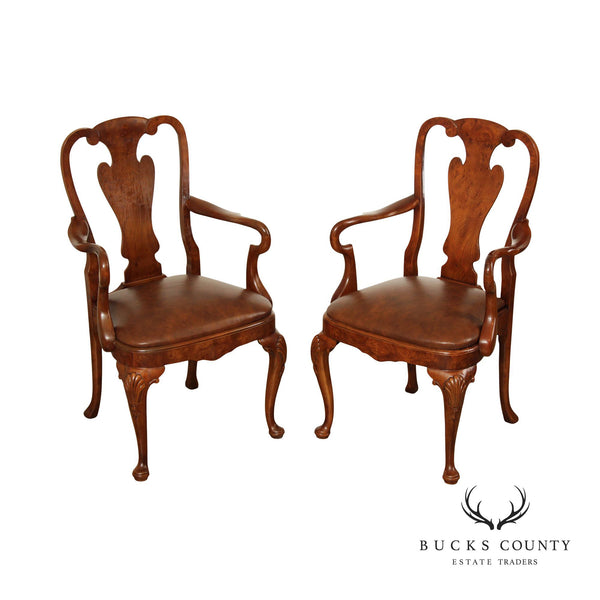 Queen Anne Style Pair Burl Wood and Leather Armchairs