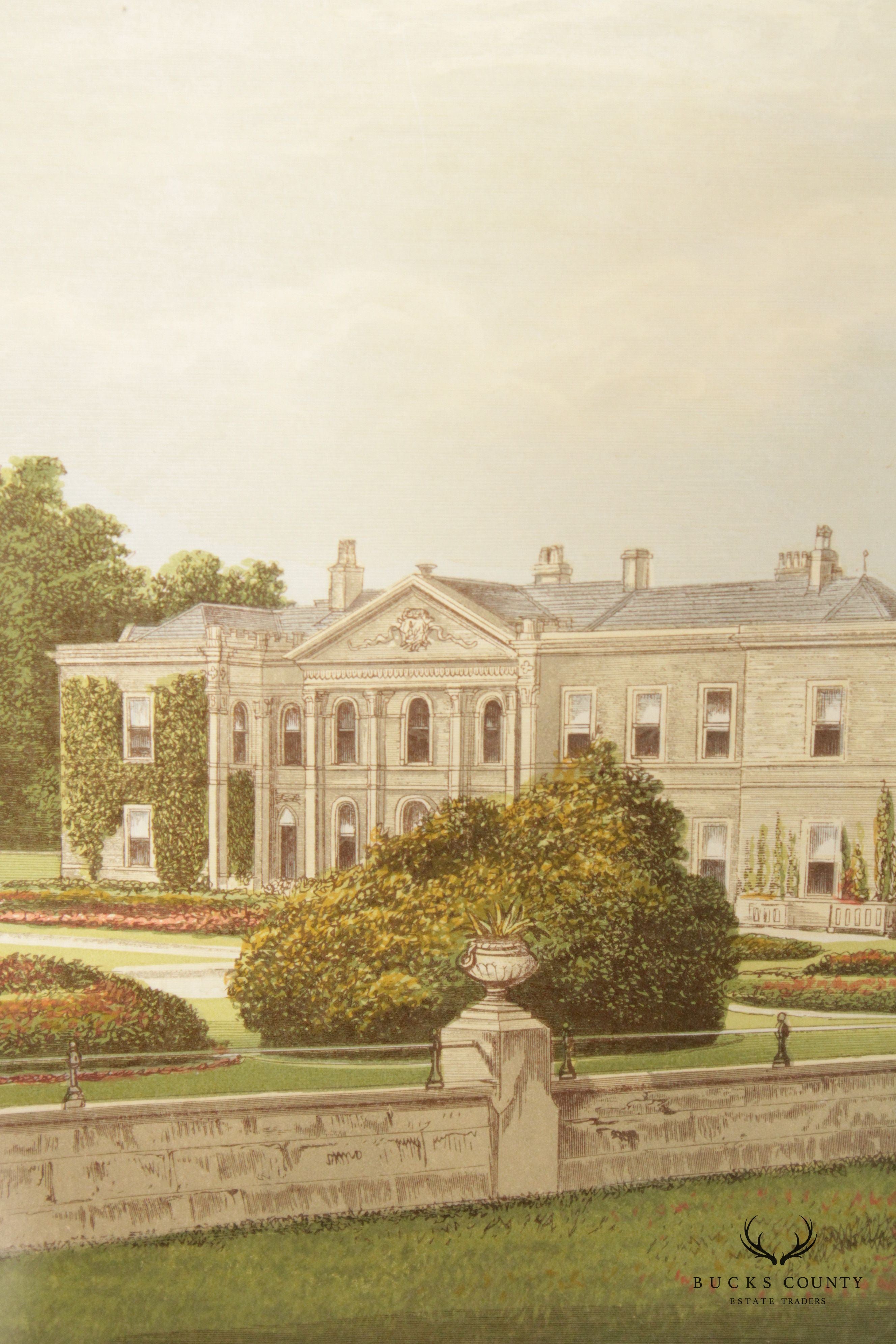 English Estate 'Studley Royal House' Illustration Print, Custom Framed