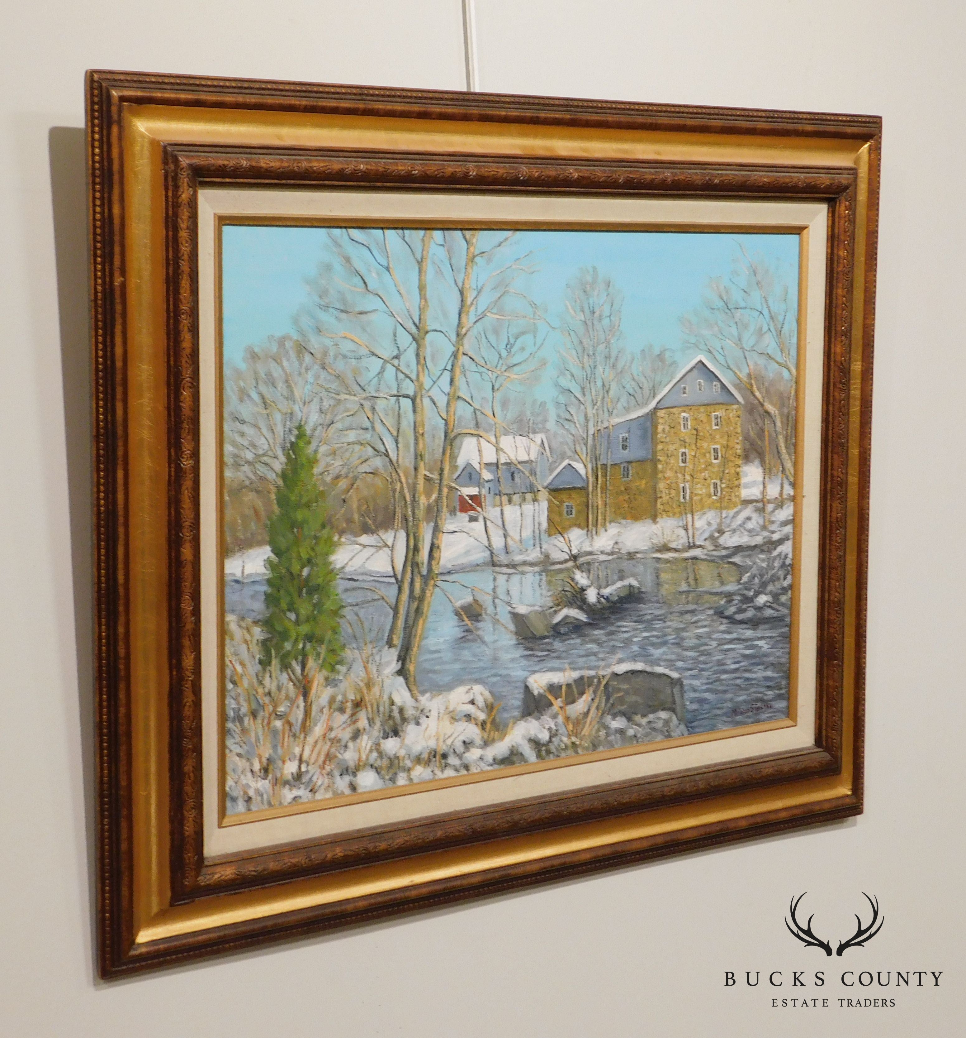 Mildred S. Gehman "Clymer's Mill" Thatcher P.A., Winter Snowy Stream Oil Painting