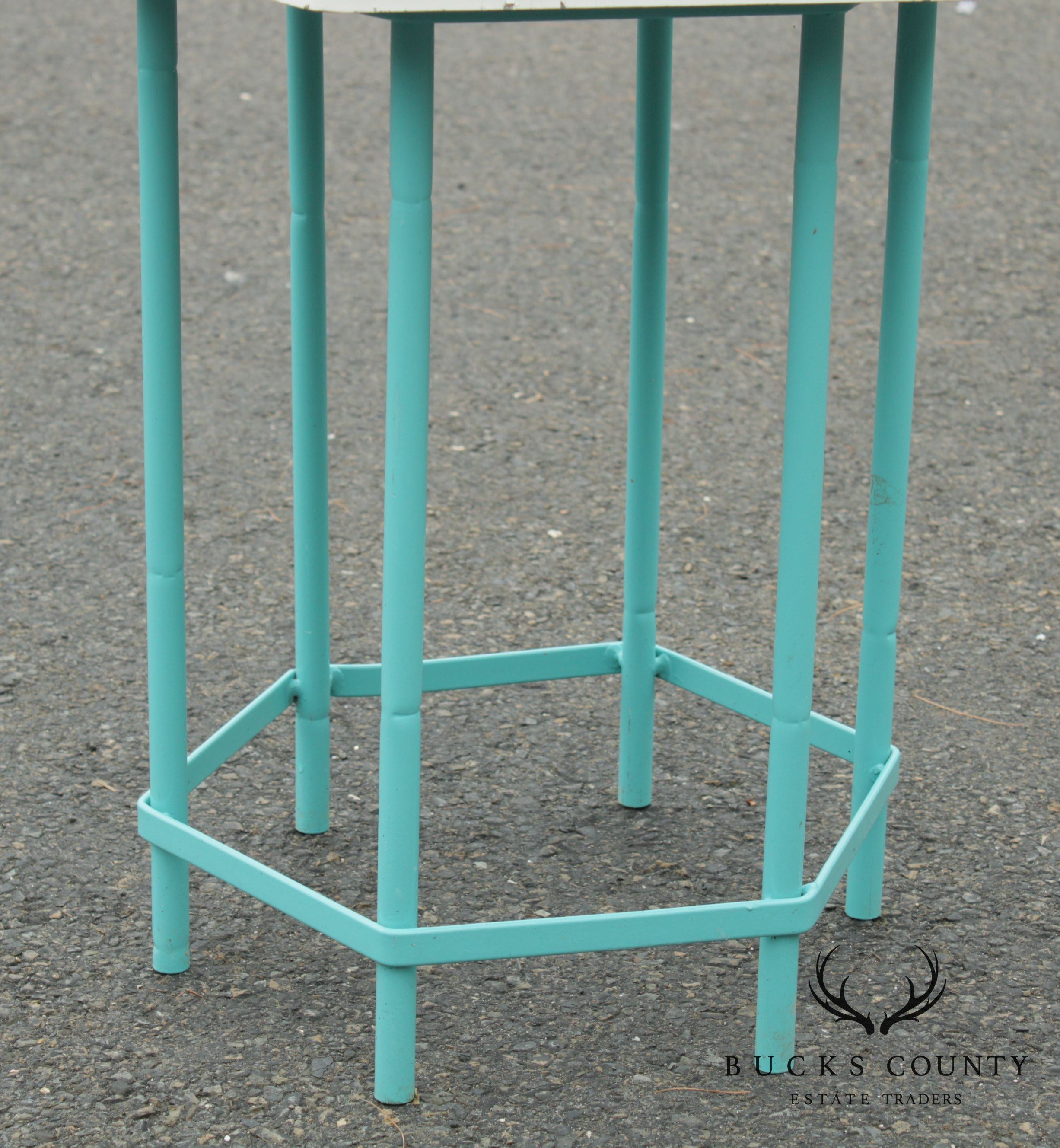 Mid Century Modern Teal Painted Base Hexagon Top Patio Side Table