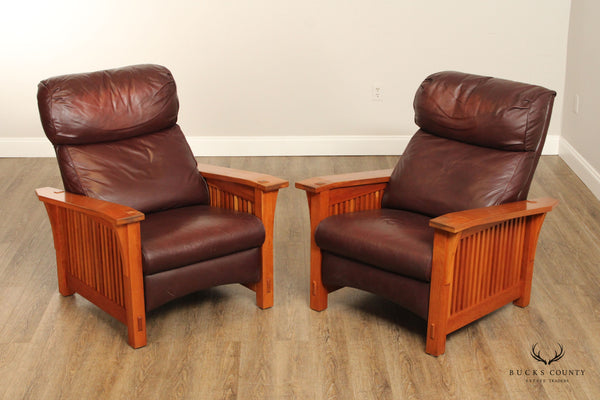 Stickley Mission Collection Pair Of Cherry And Leather Spindle Morris Recliners