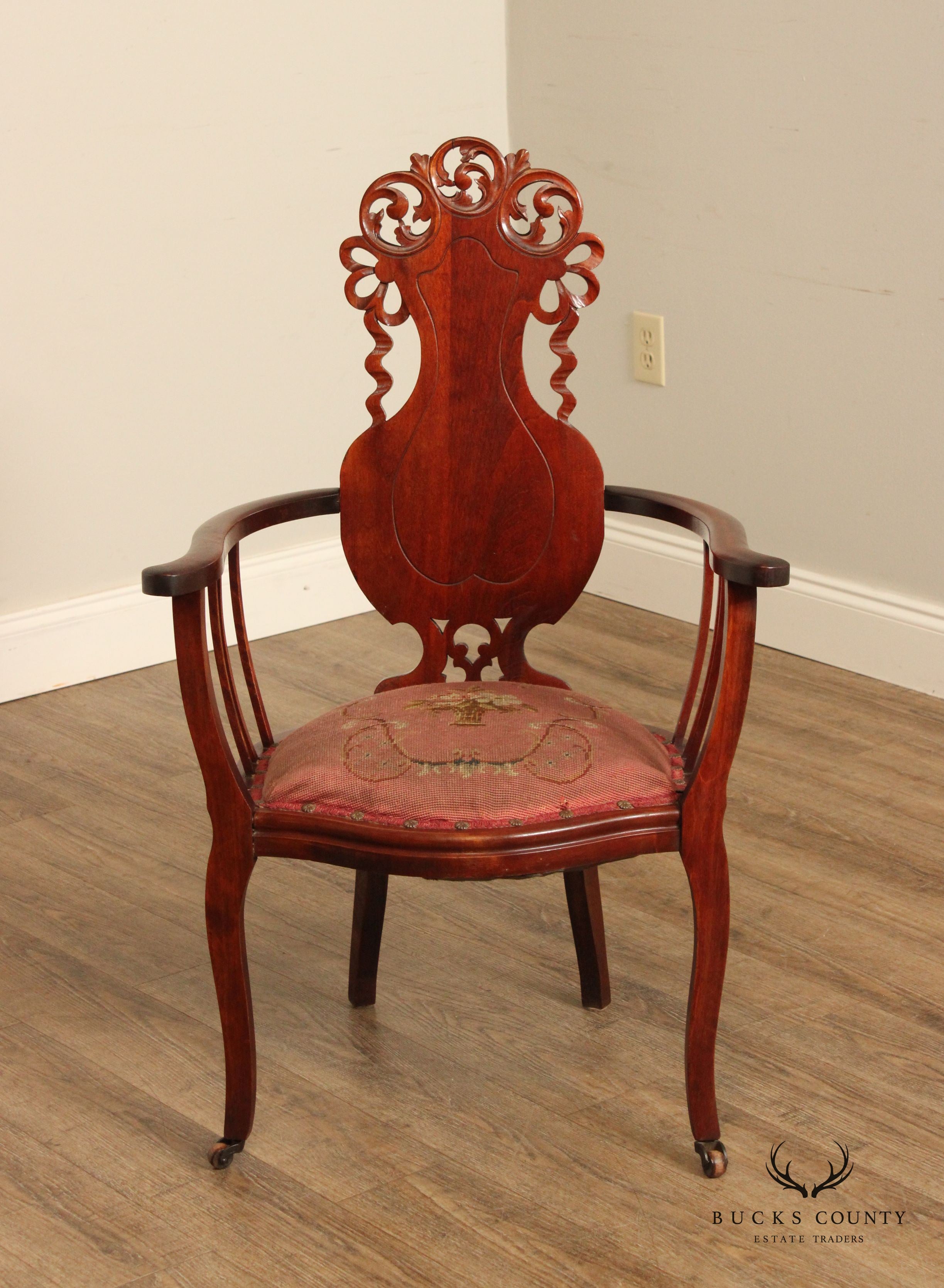 Antique Art Nouveau Carved Mahogany Armchair