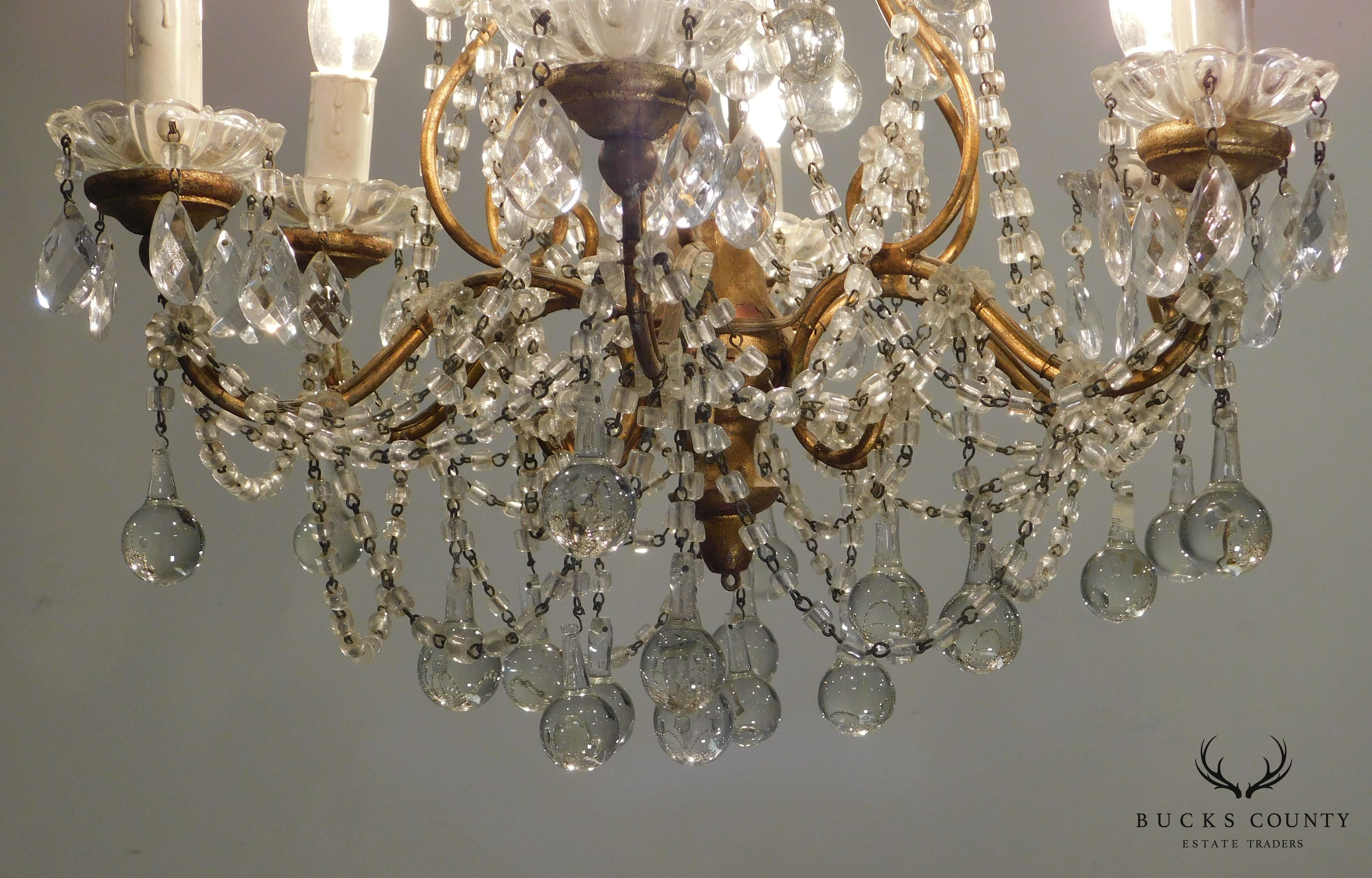 Vintage Italian Gilt Metal Chandelier with Teardrop Prisms