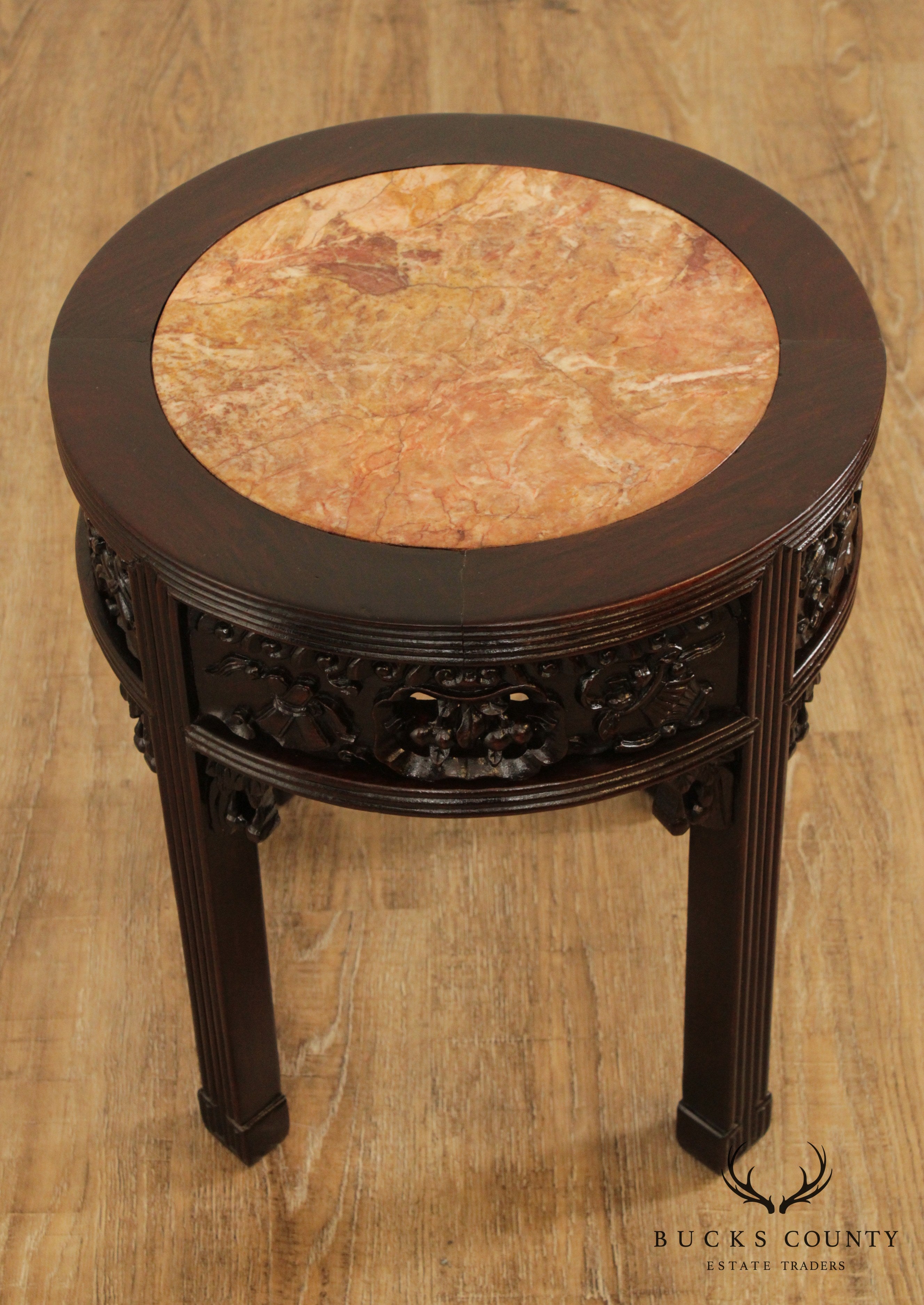 Vintage Carved Asian Round Marble Top Side Table