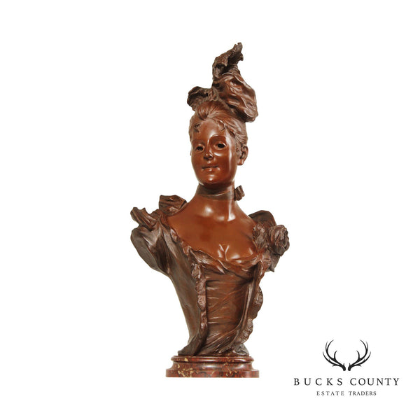 French Art Nouveau Bronze Female Bust Sculpture, After Victor Bruyneel