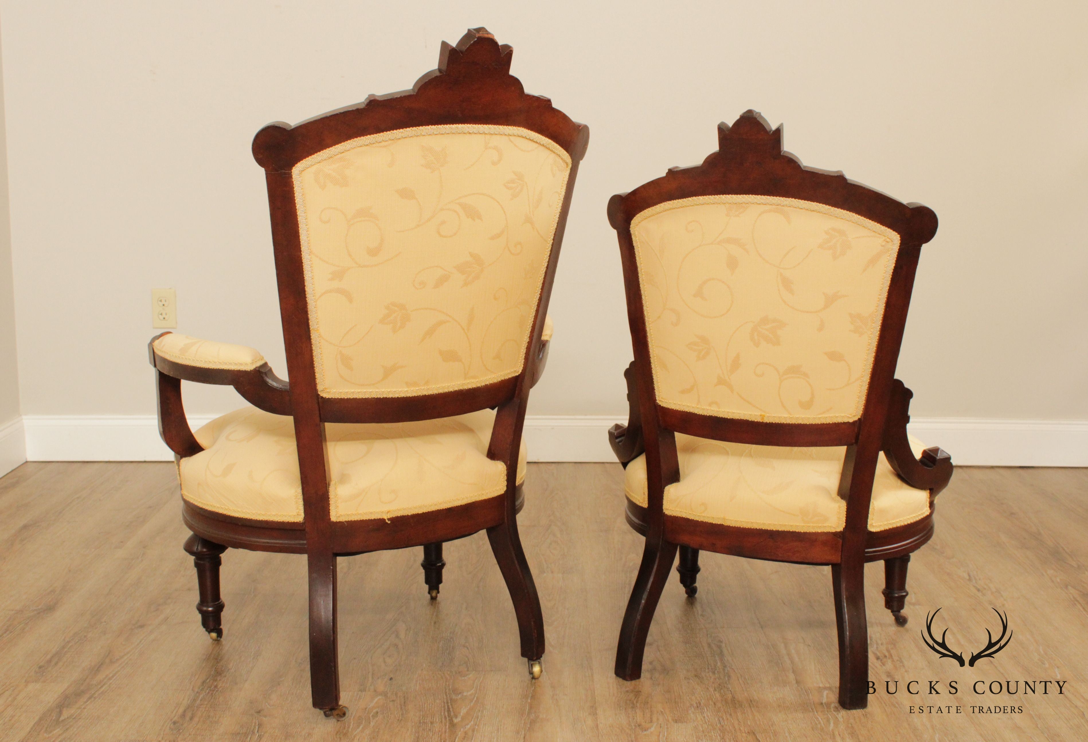 Antique Victorian His & Hers Pair Walnut Armchairs