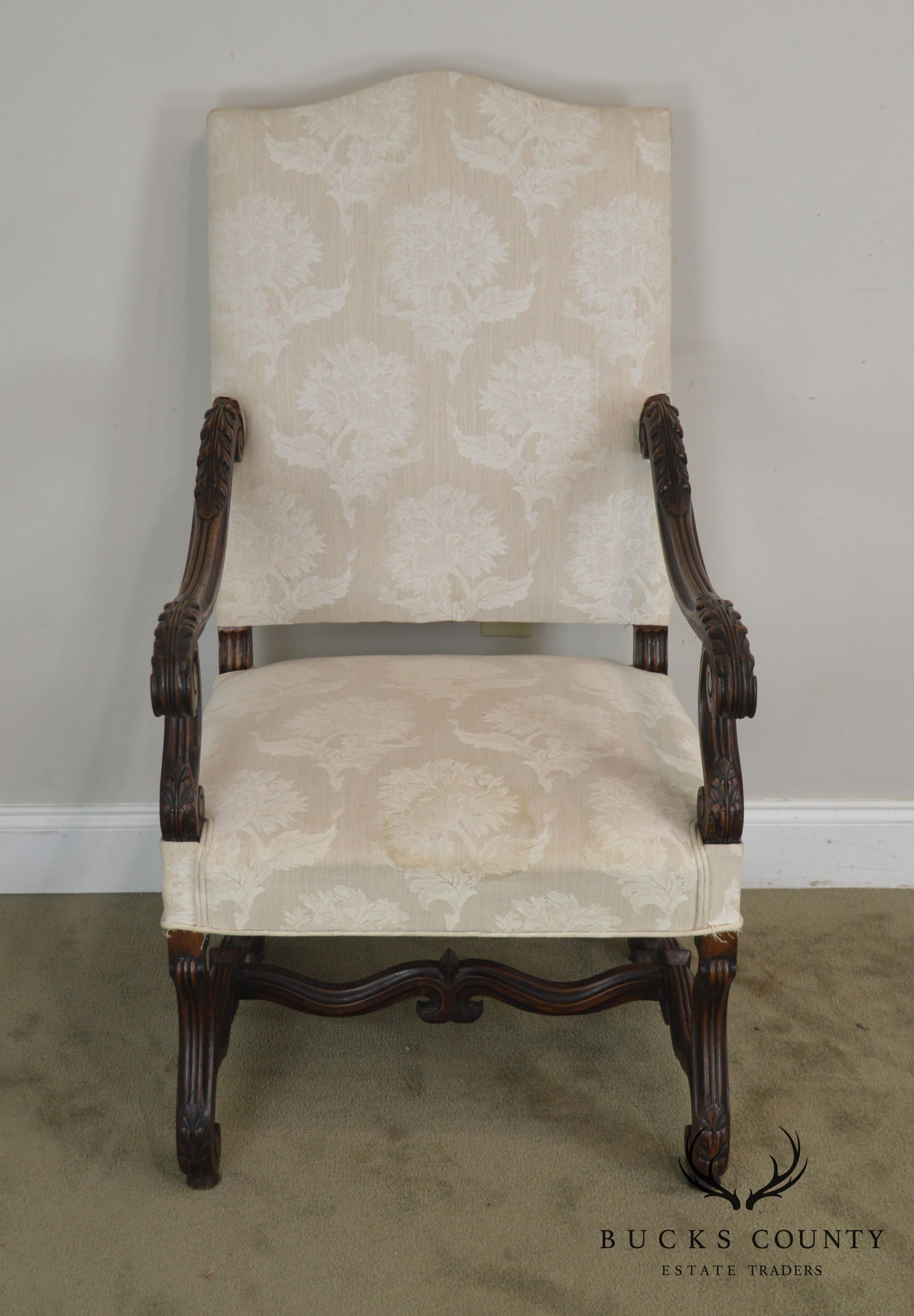 French Louis XIII Style Antique Carved Pair Armchairs