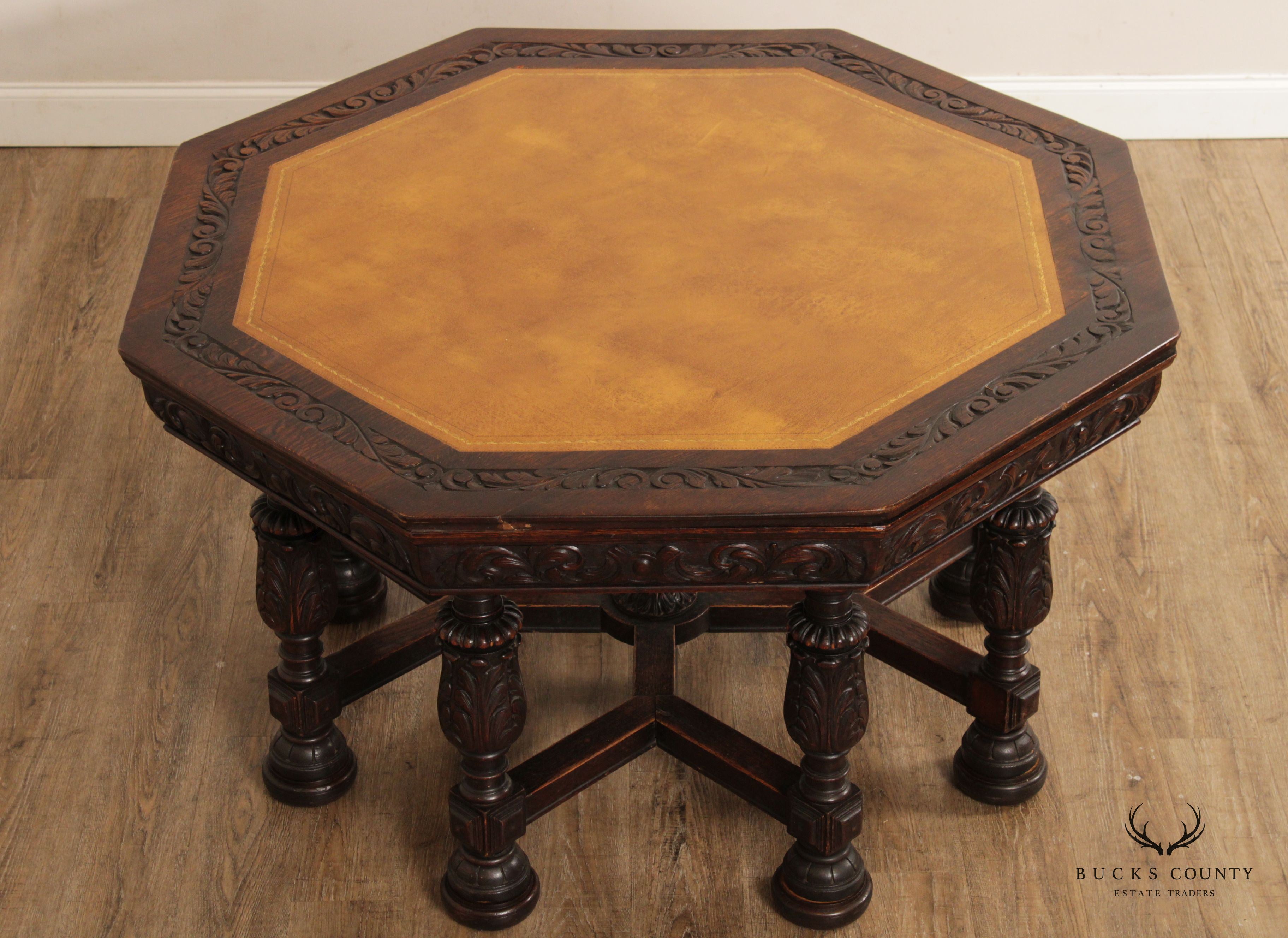 Antique French Renaissance Revival Carved Oak Octagonal Leather Top Center Table