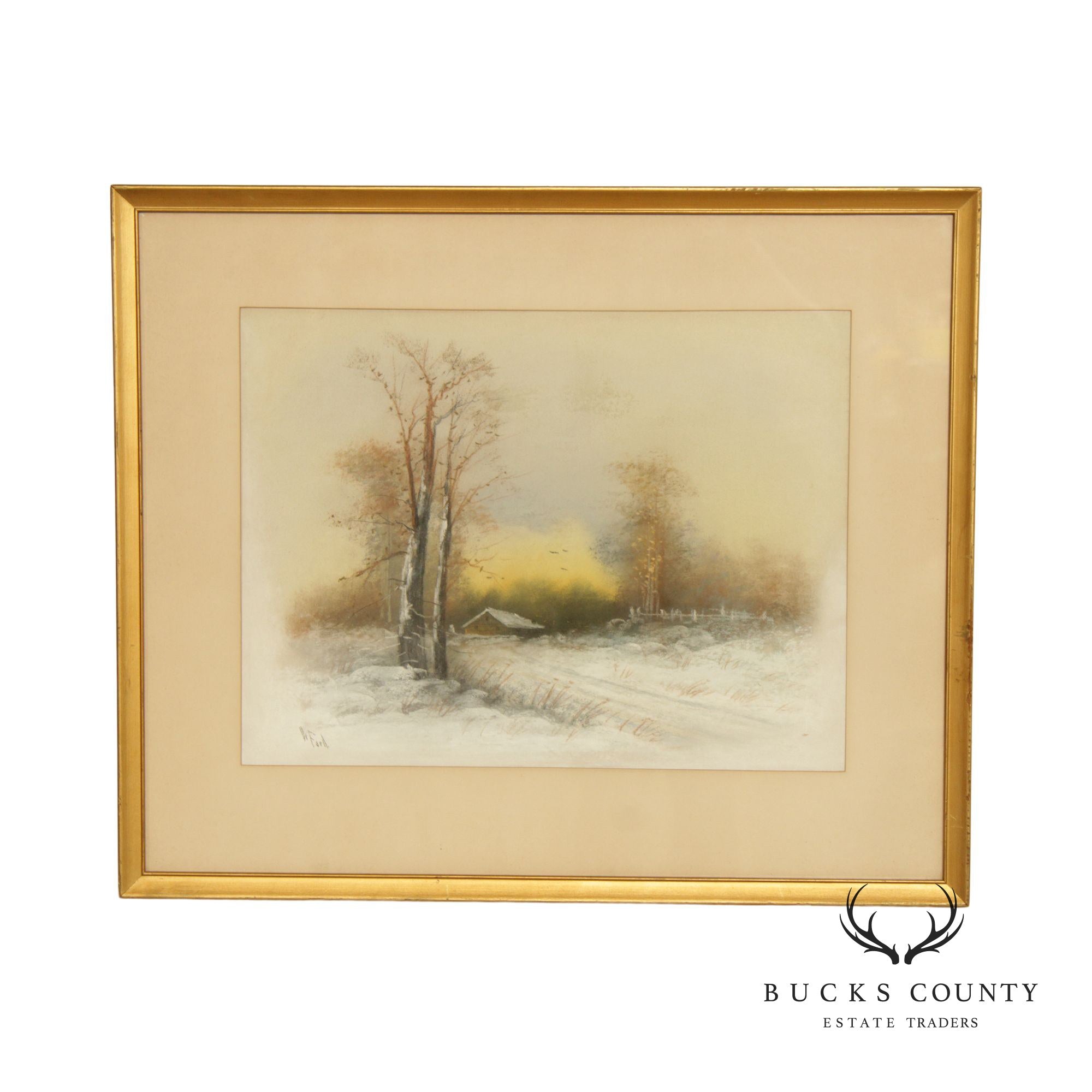 American 20th C. Farmhouse Landscape Pastel Drawing, Signed