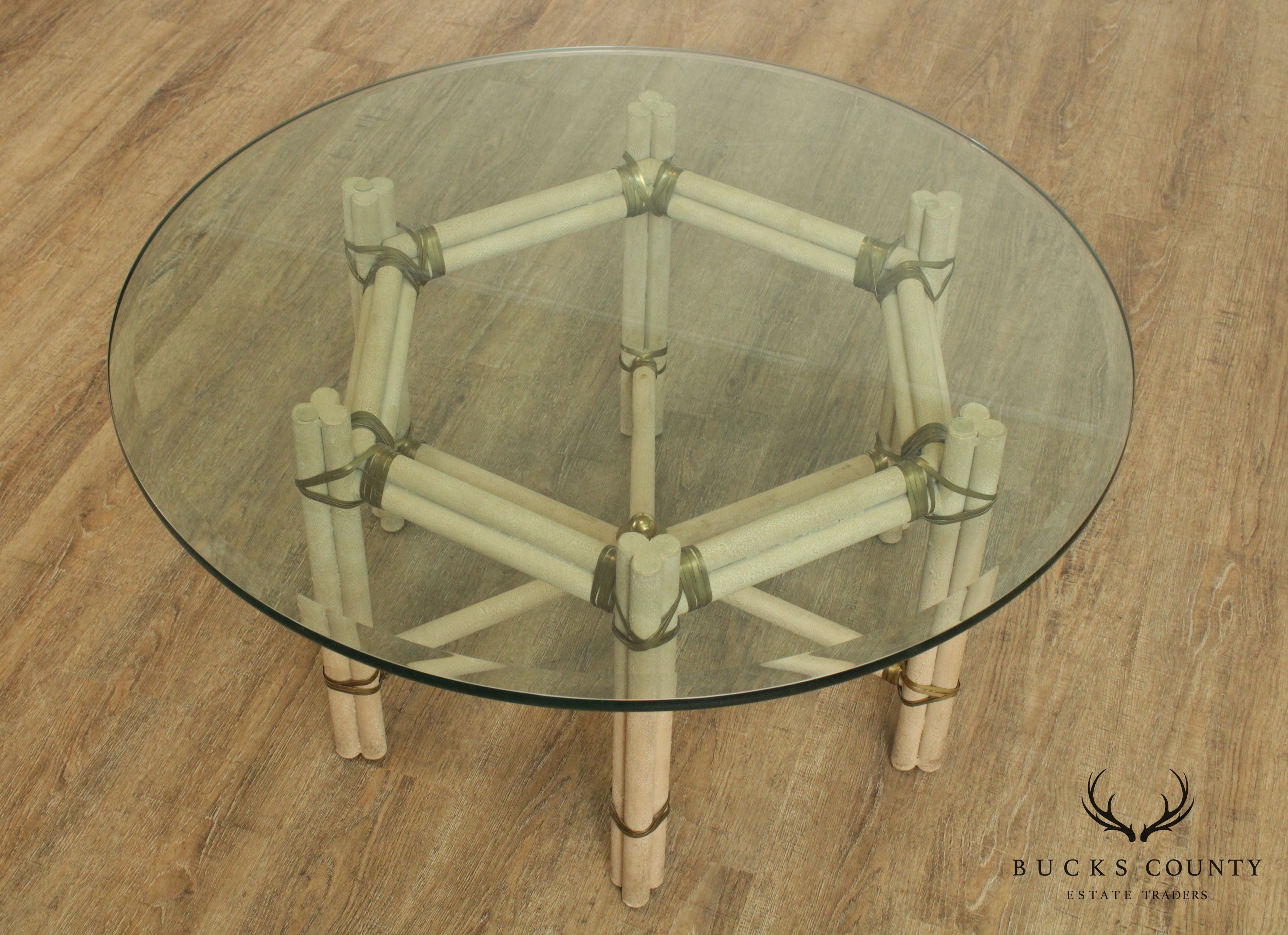 Mid Century Modern Faux Bamboo Wrought Iron & Brass Round Glass Top Coffee Table