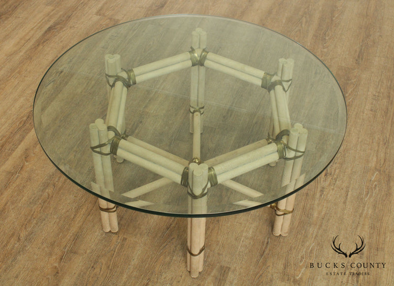 Mid Century Modern Faux Bamboo Wrought Iron & Brass Round Glass Top Coffee Table