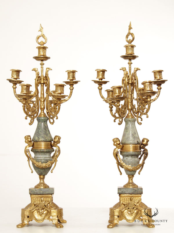French Louis XV Style Pair of Gilt Bronze and Marble Candelabra