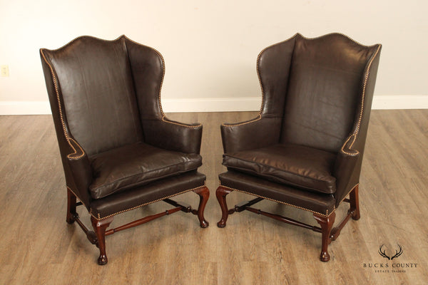 Kittinger Colonial Williamsburg Mahogany Pair Leather Upholstered Wing Chairs