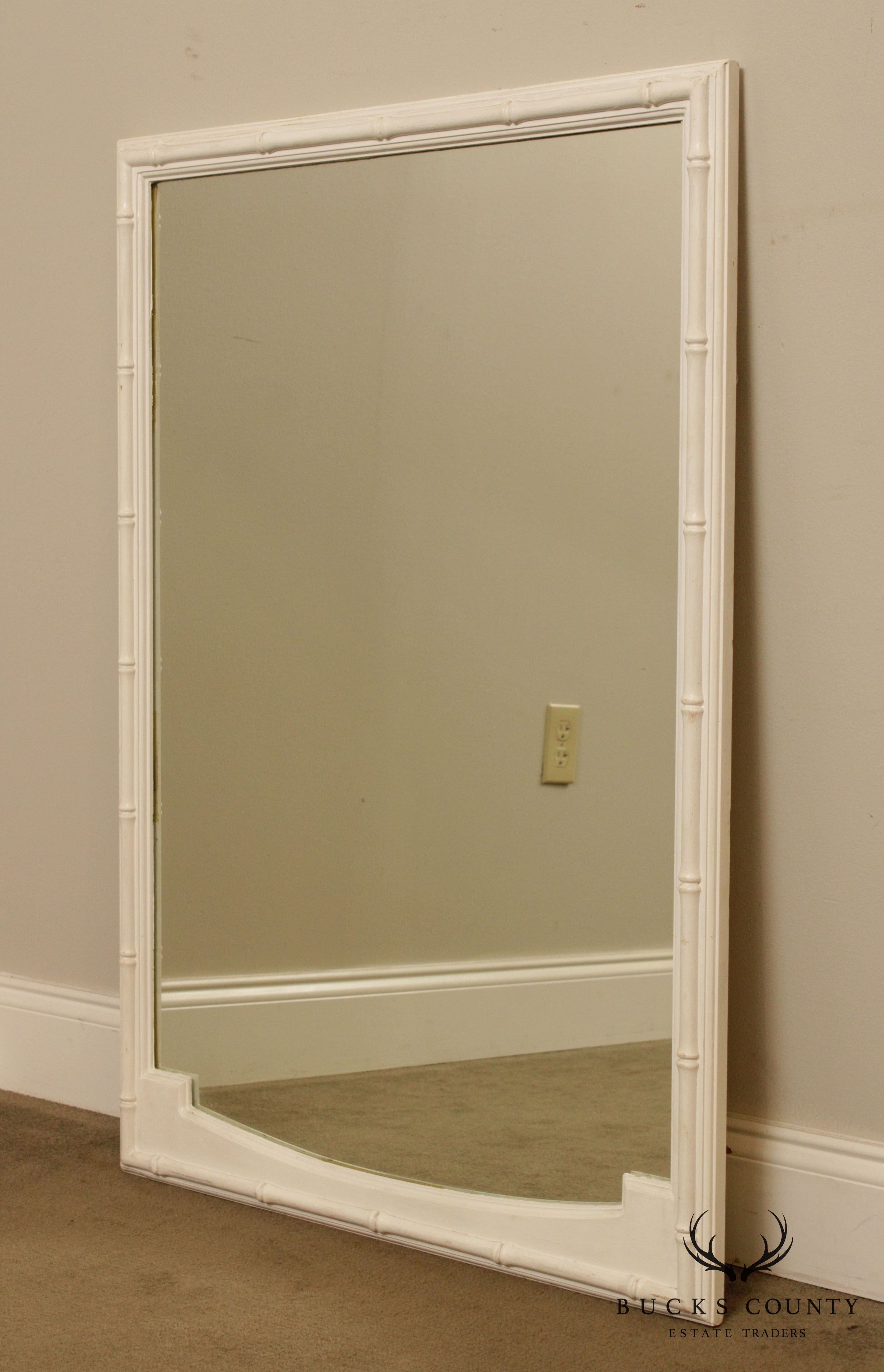 Hollywood Regency Vintage White Painted Faux Bamboo Wall Mirror