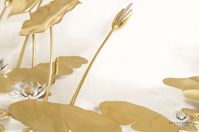 Bijan Asian Modern Water Lilies Gilt Gold Enamel Wall Sculpture