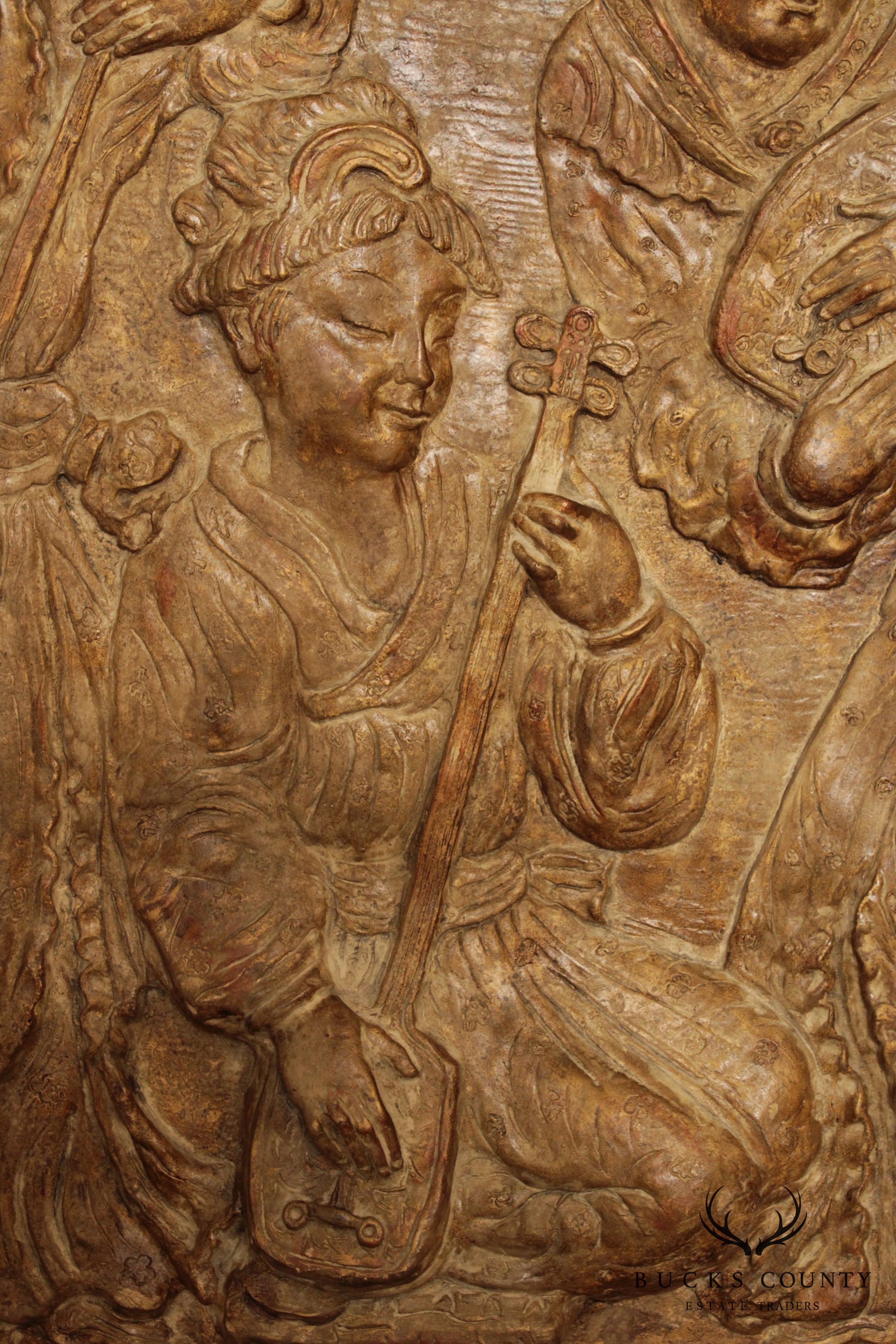 Chinese Musician Trio Large Carved Wall Relief Sculpture