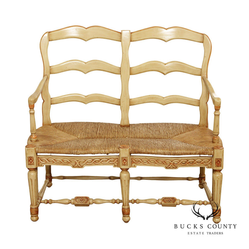 Rustic French Country Style Paint Frame Rush Seat Settee
