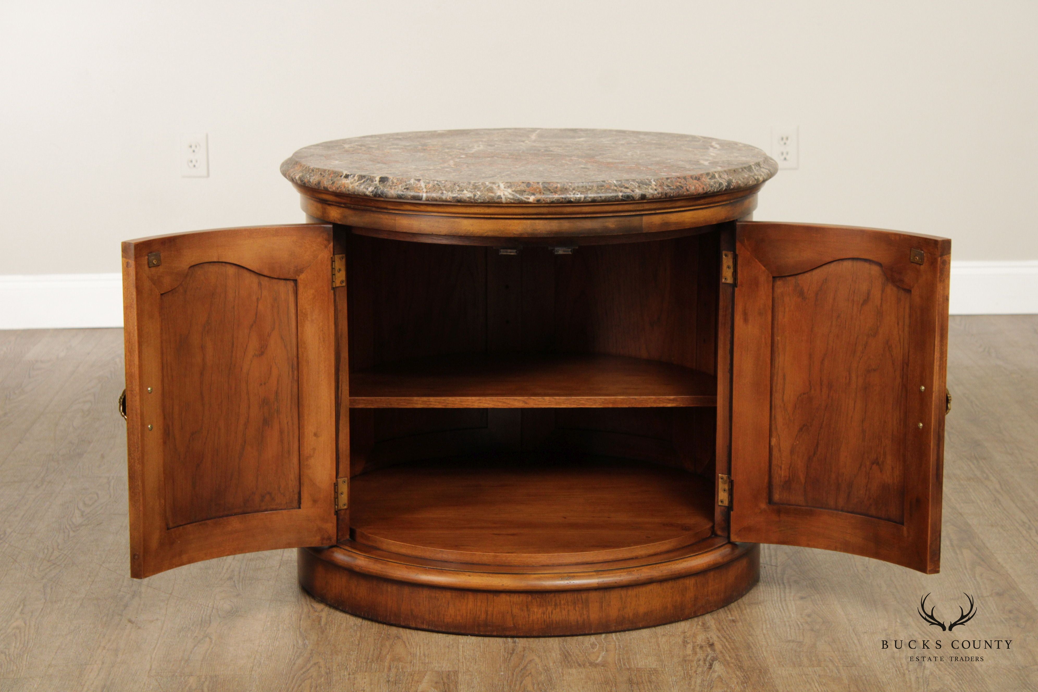 Henredon English Regency Style Round Marble Top Drum Cabinet Side Table