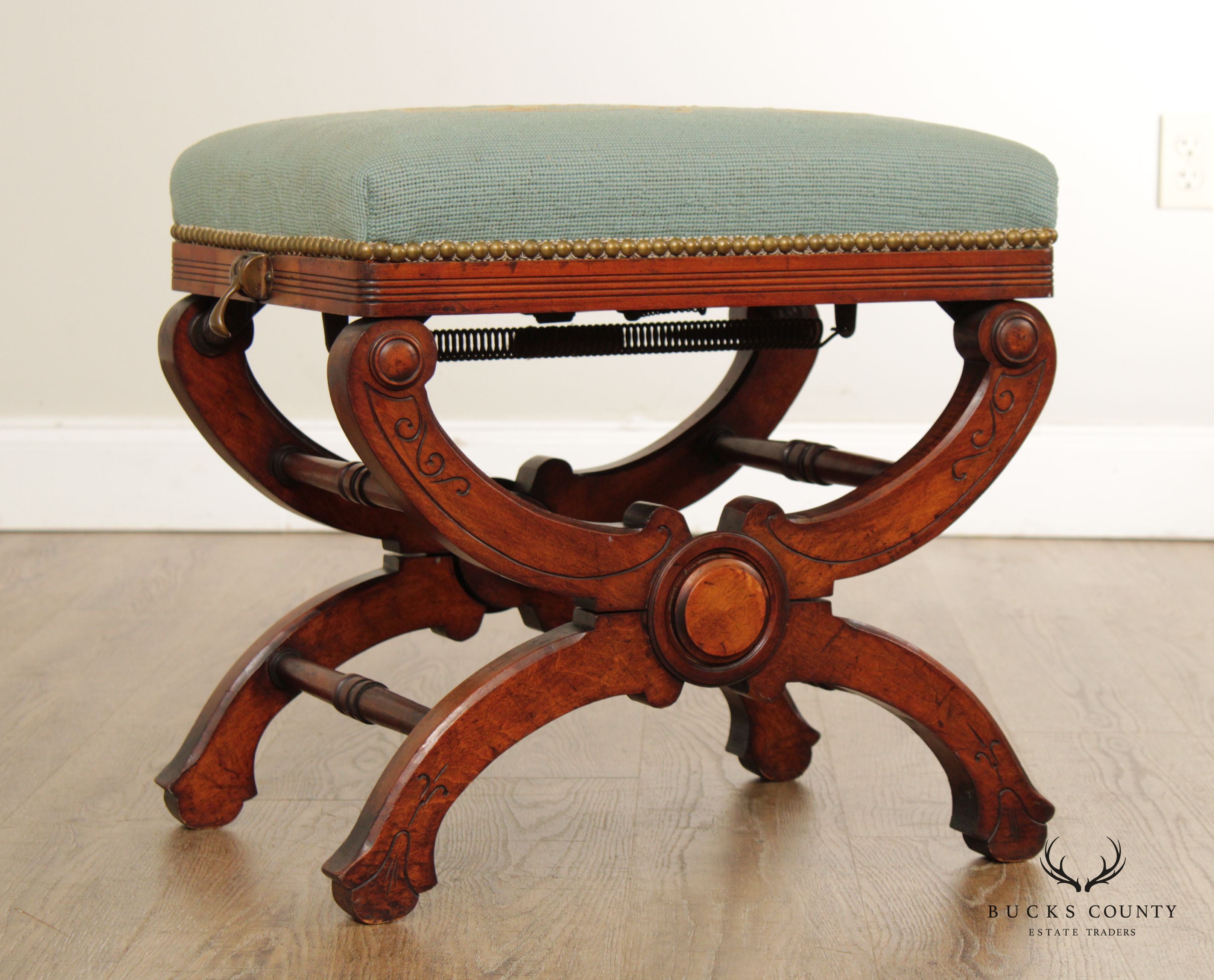 Antique 19th C. Victorian Walnut and Needlepoint Adjustable Bench