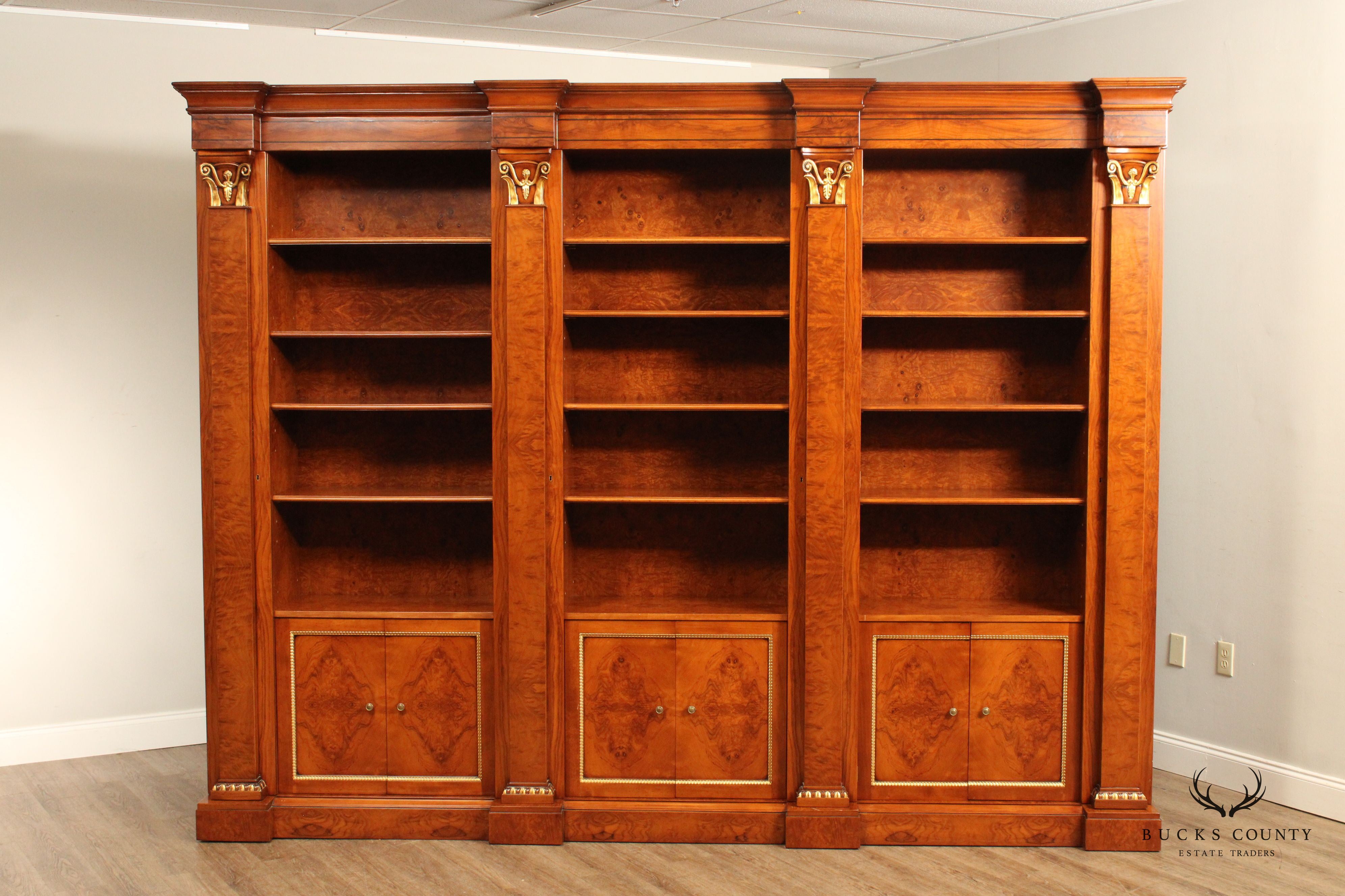 Francesco Molon Italian Neoclassical Style Burlwood Triple Bookcase