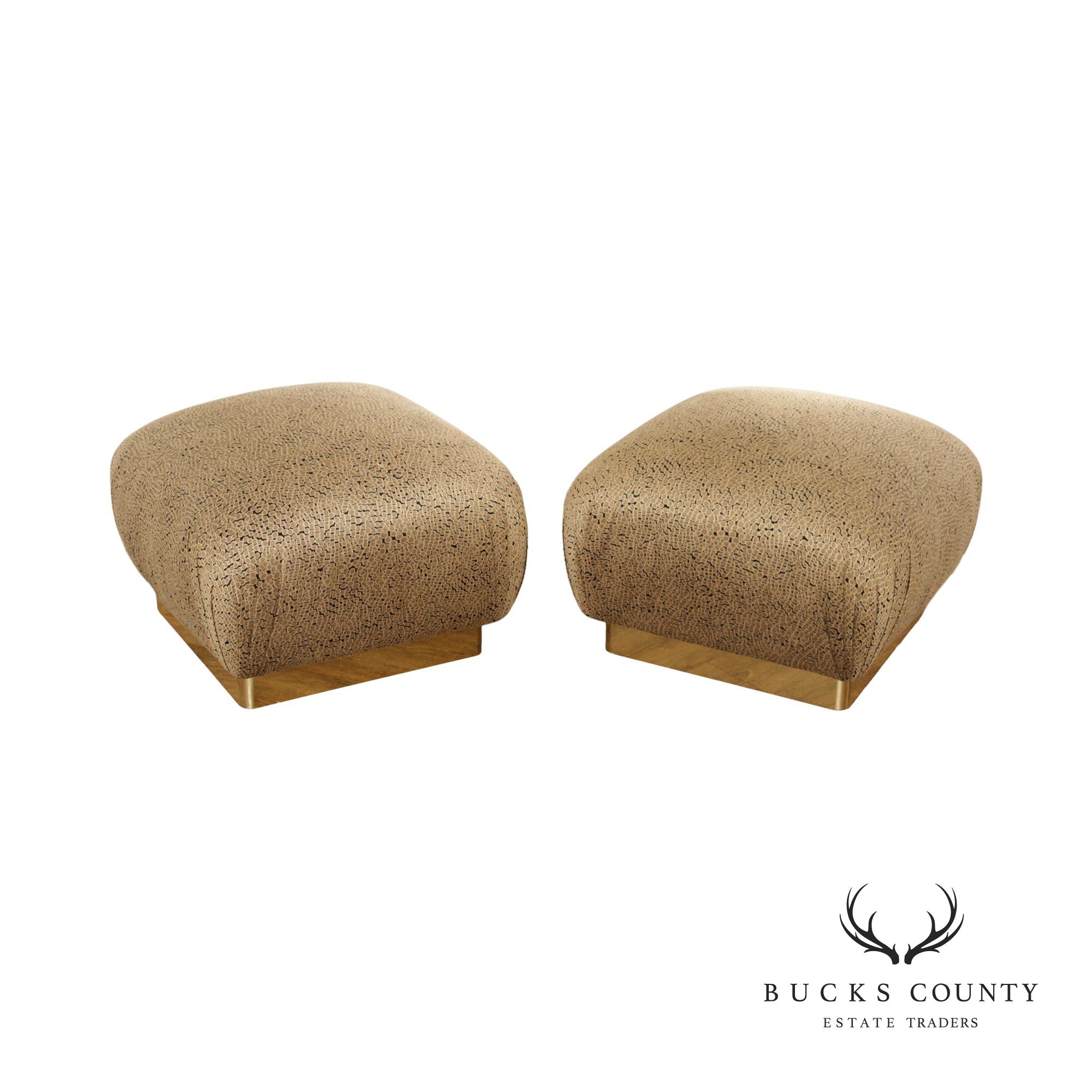 Hollywood Regency Pair Custom Upholstered Brass Ottomans