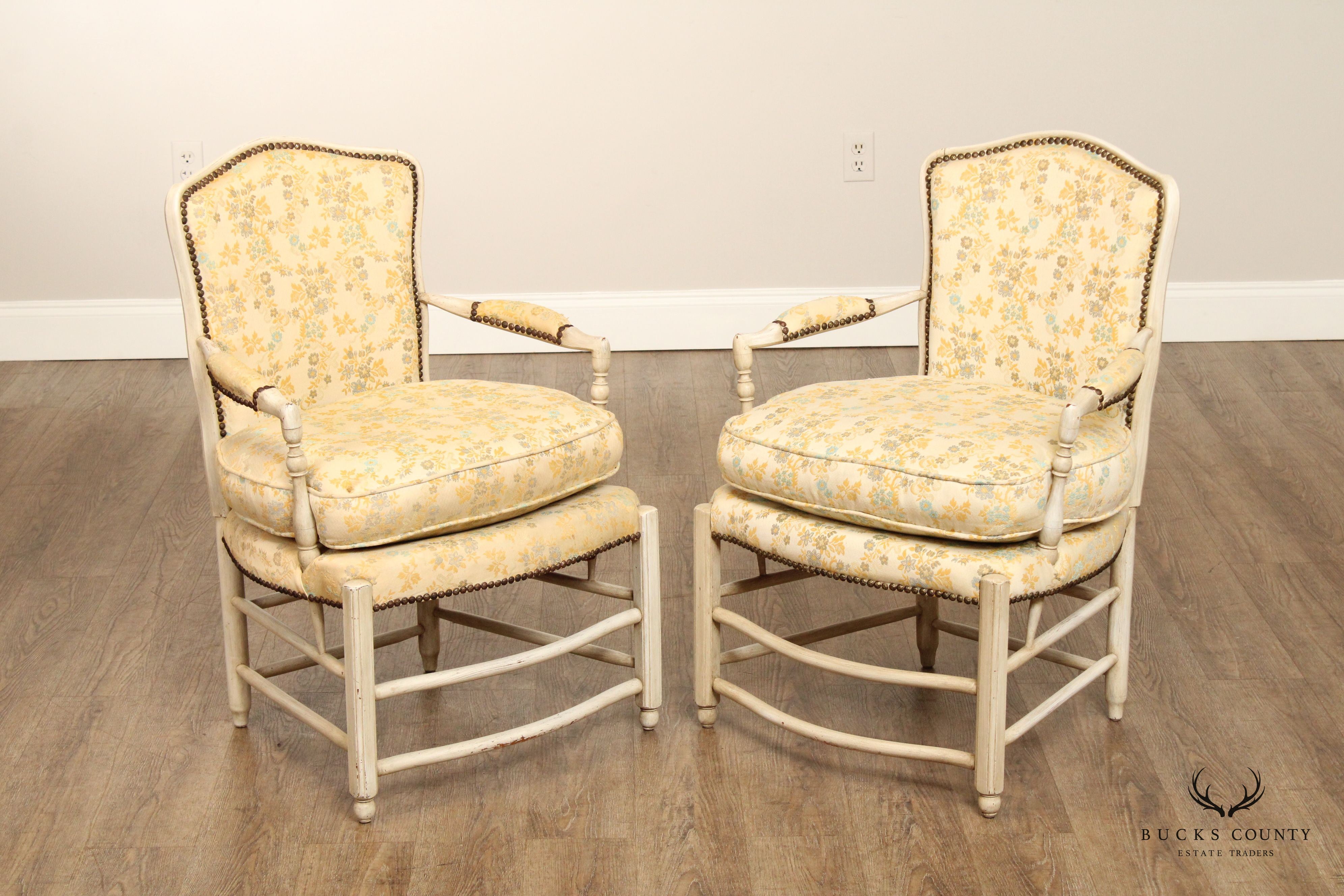 French Provincial Style Pair of Distress Painted Pair Of Armchairs